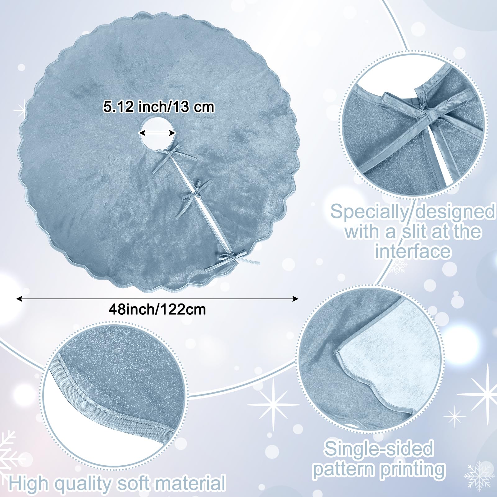 RoundFunny Gray Blue Christmas Tree Skirt 48 Inches Neutral Velvet Christmas Tree Skirts Modern Scalloped Edge Xmas Decorations