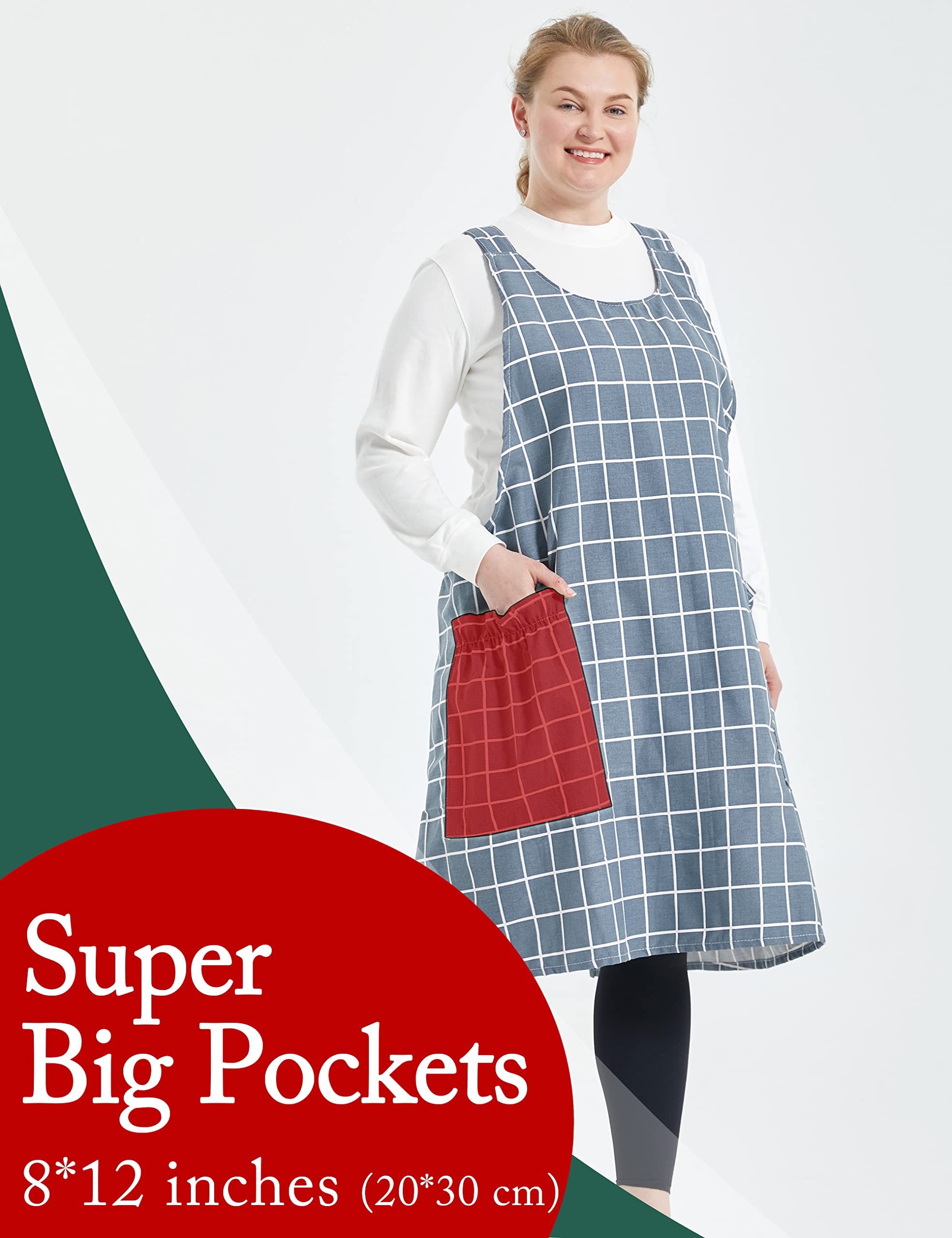 Apronner Big Plus Size Aprons For Women With Pockets Cotton Linen Baking Kitchen Cooking Grey Grid