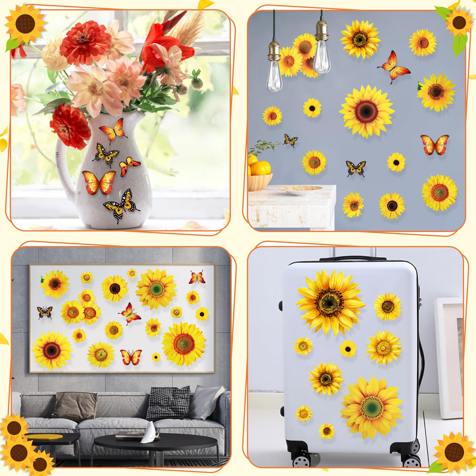 100 Pcs Sunflower Window Wall Stickers With 3D Butterfly, 1-4 Inch Vinyl Sunflower Window Clings Decor, Self-Adhesive Peel And S