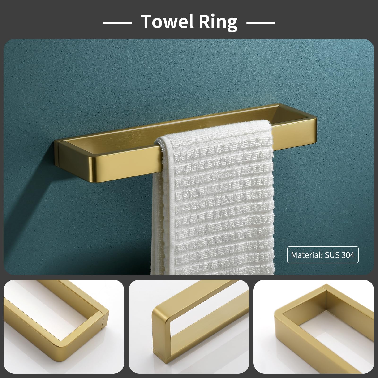 Yacvcl Bathroom Hardware Set Brushed Gold 4-Piece Towel Bar Set Square Bathroom Accessories Kit Stainless Steel Wall Mounted