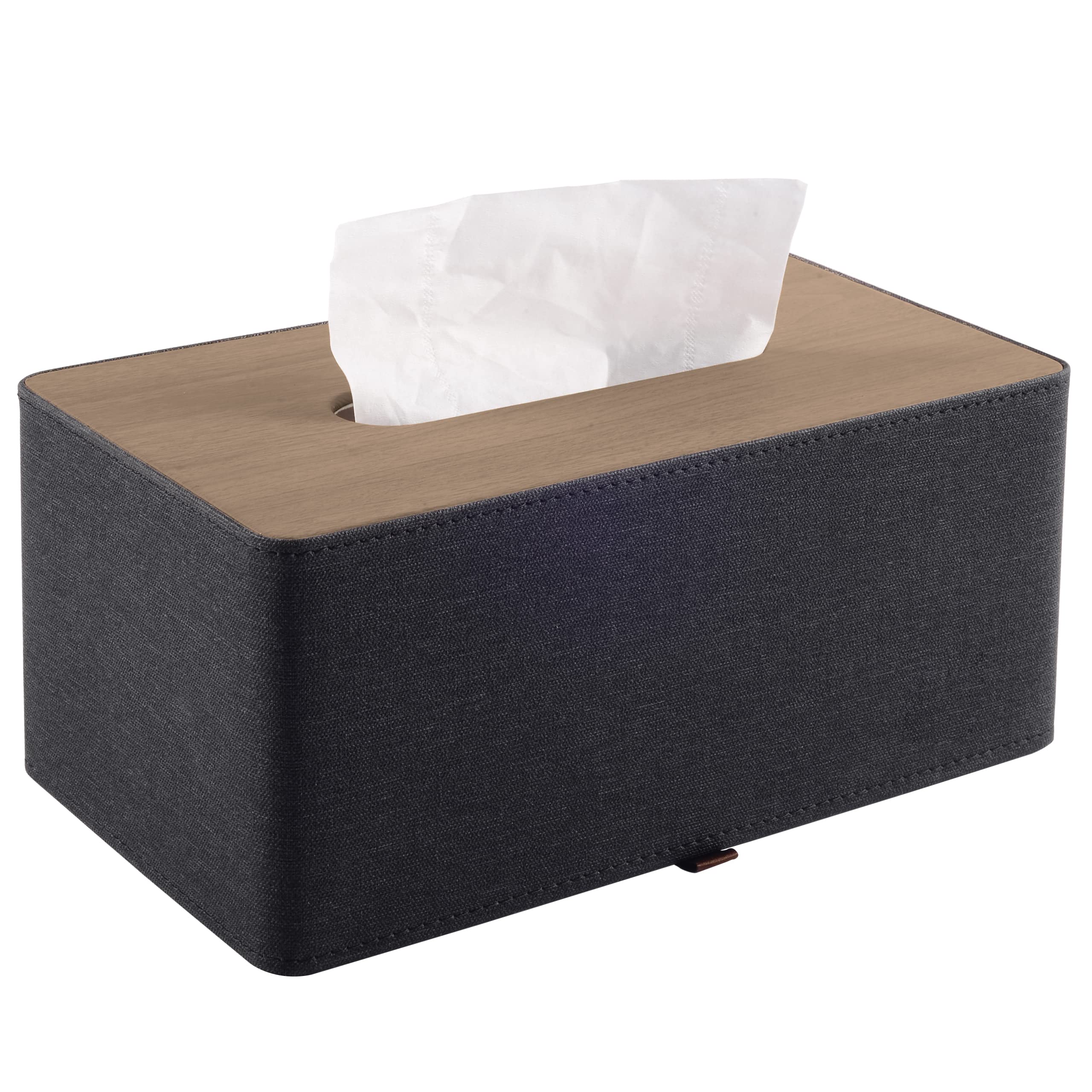 Rhcsz High-End Pu Leather Tissue Box Holder Two Color Combination-Linen And Wood Grain,Rounded Rectangle Napkin Paper Case Dispe