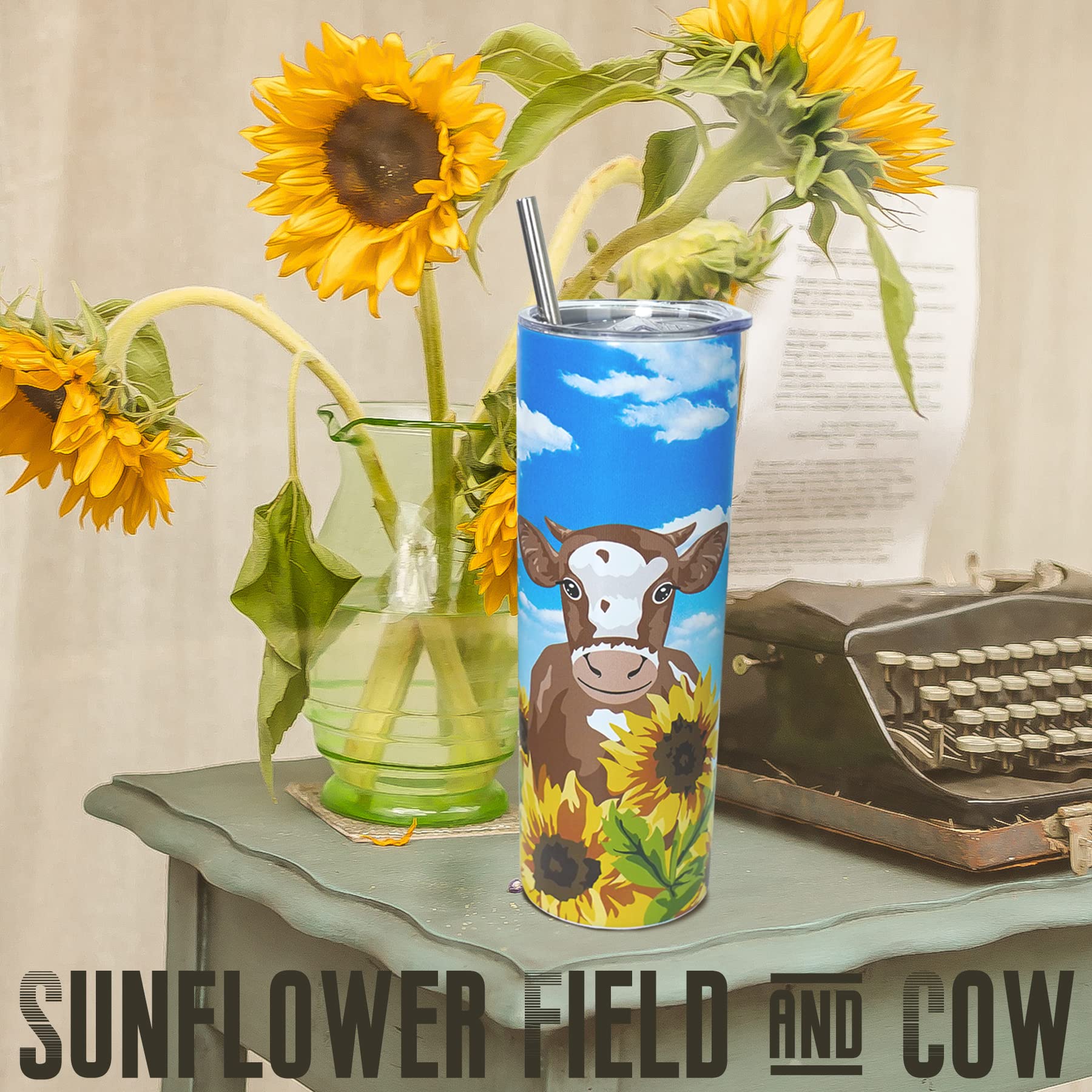 Sunflower Cow Tumbler-Cow Gifts For Women -Insulated Cute Cow Cup, Skinny Tumbler, Coffee Travel Mug, Water Bottle- Birthday Sun