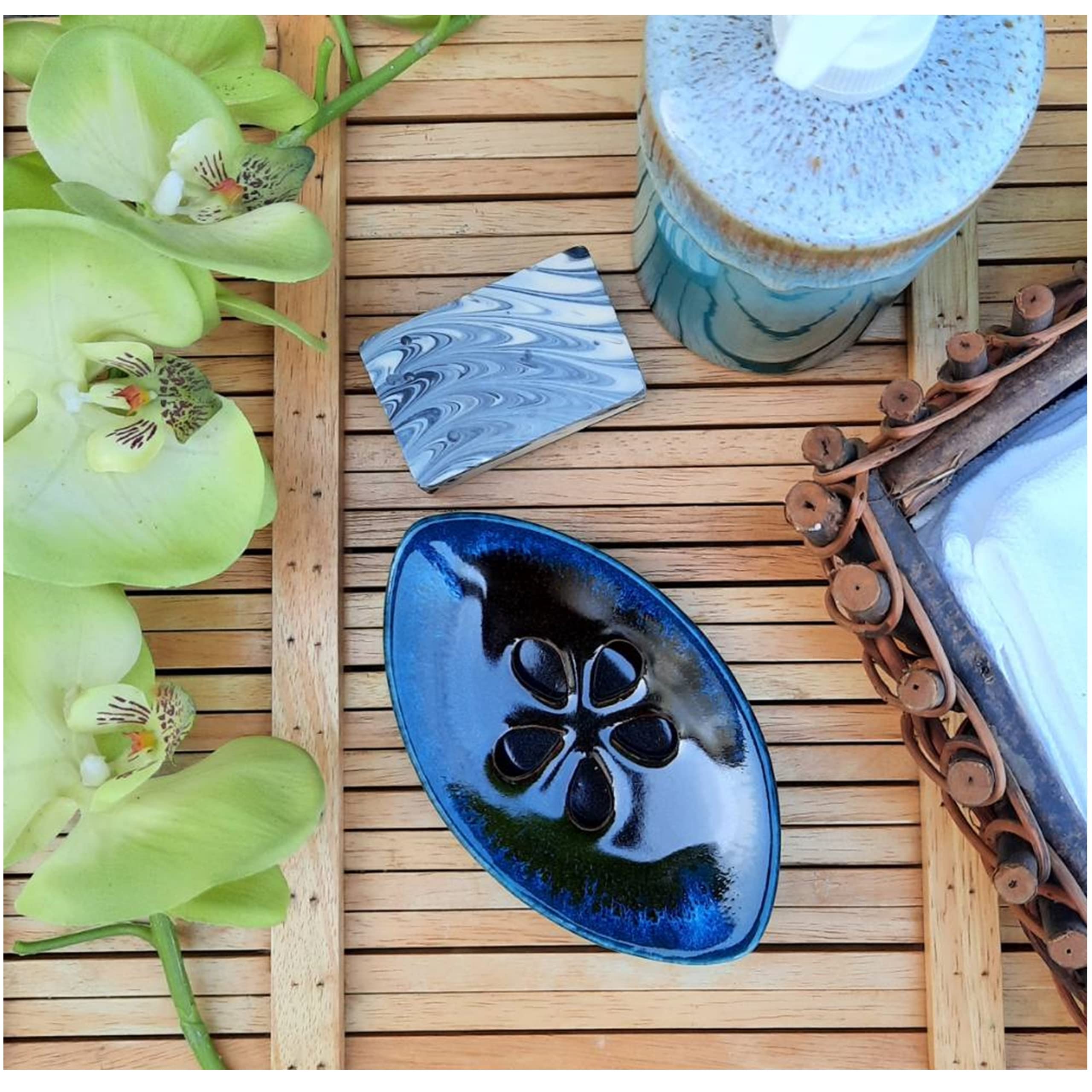 Lungmongkol Shop Ceramic Soap Dish With Self Draining Tray For Bar Soap, Bathroom, Kitchen (Black)