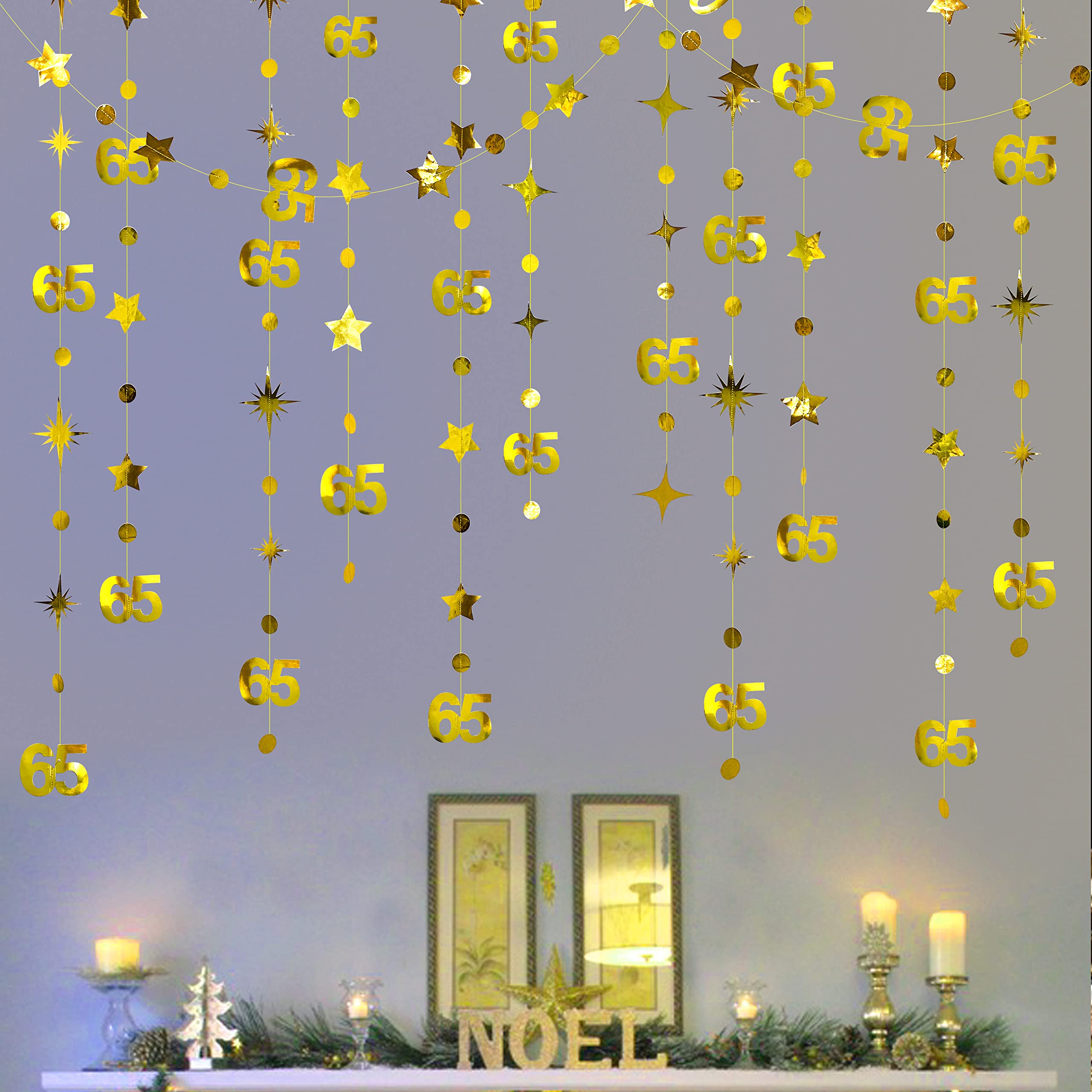 Gold 65th Birthday Decorations Number 65 Circle Dot Twinkle Star Garland Metallic Hanging Streamer Bunting Banner Backdrop for 65 Year Old Birthday Happy 65th Anniversary Sixty Five Party Supplies