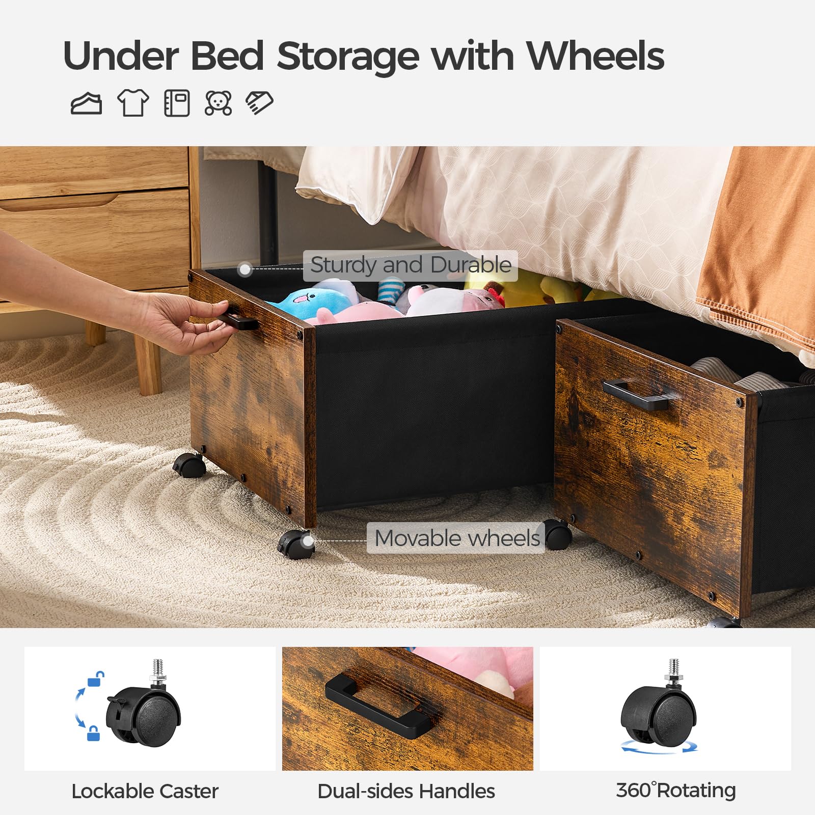 FOUCSSOMEI Under Bed Storage with Wheels, Bigger Size, Under Bed Drawers Heavy Duty, 2 Packs, Wooden Under Bed Storage Container