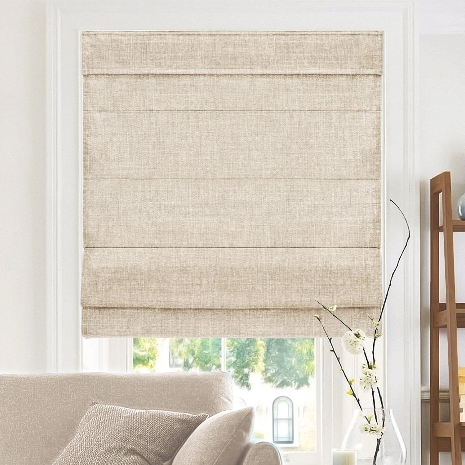 CHICOLOGY - RMBF2764 Cordless Roman Shades Cross-Hatched Modern Fabric Cascade Window Blind Treatment, 27W X 64H, Belgian Flax (