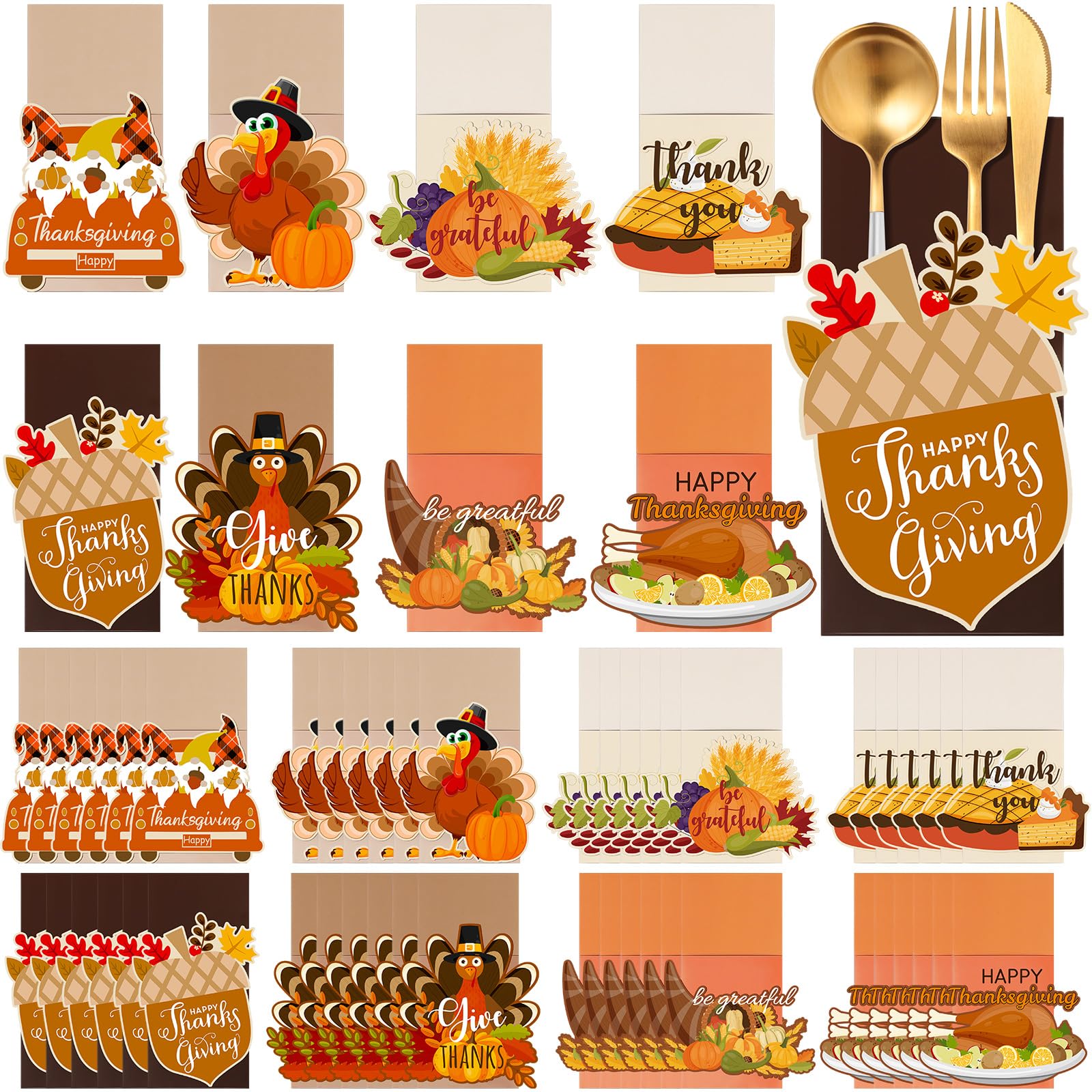 Qeeenar 48 Pcs Thanksgiving Cutlery Holder Fall Cutlery Wraps Bag Silverware Bags Turkey Utensil Silverware Holder Cutlery Pouch