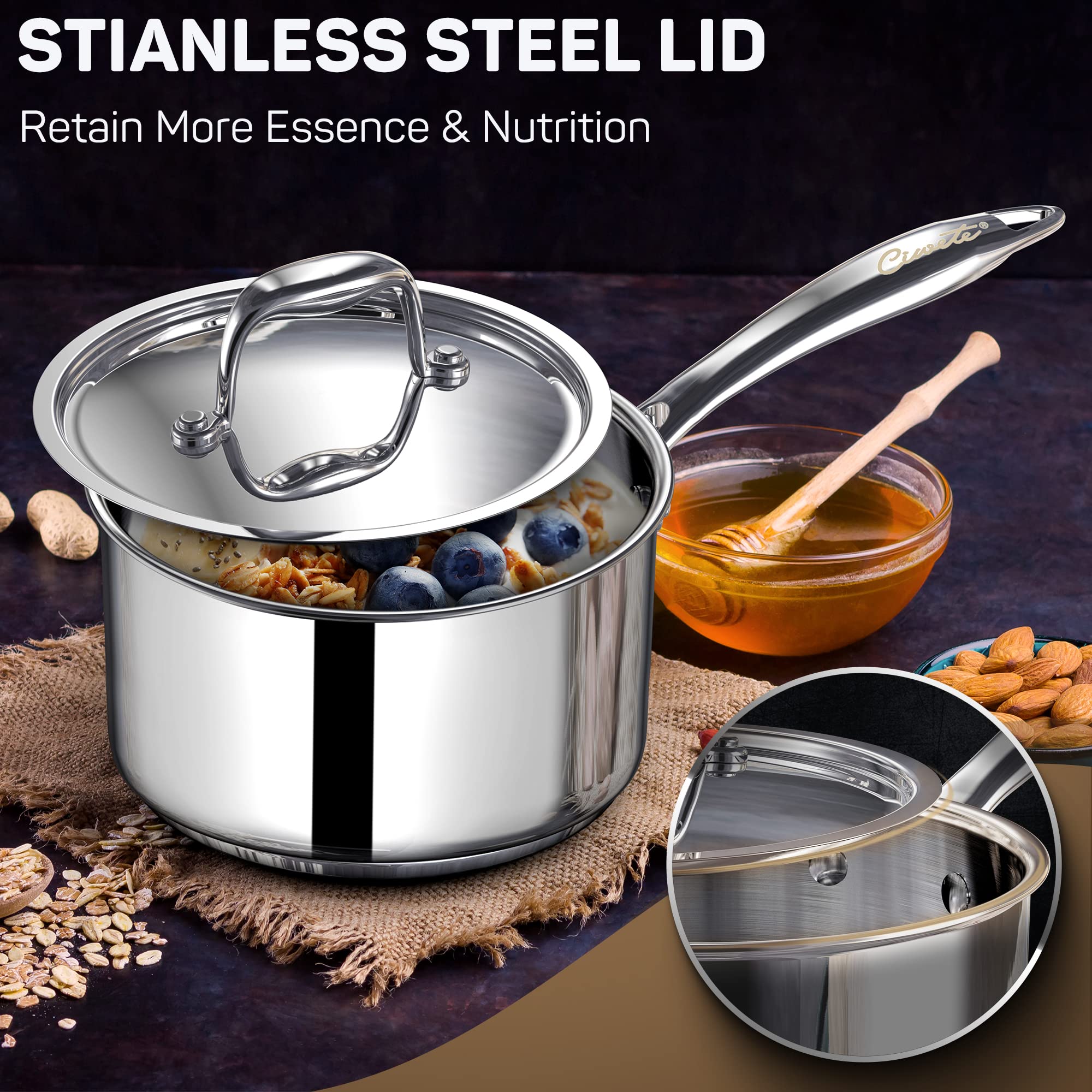 Ciwete 2 Quart Sauce Pan With Lid, Tri Ply Stainless Steel Saucepan 2 Qt With Stainless Steel Lid, 2 Measuring Lines, Upgraded P
