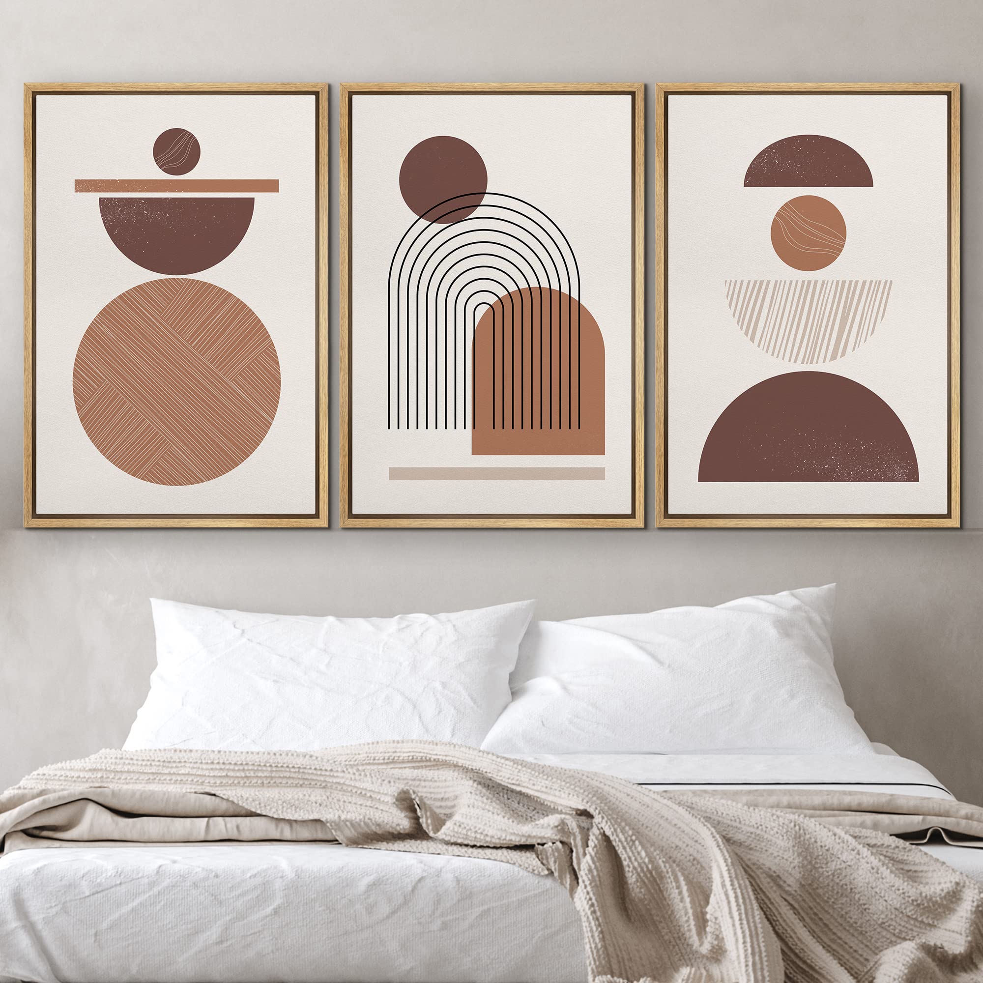 Idea4Wall Framed Canvas Print Wall Art Set Mid-Century Brown Geometric Polygon Collage Abstract Shapes Illustrations Bohemian De