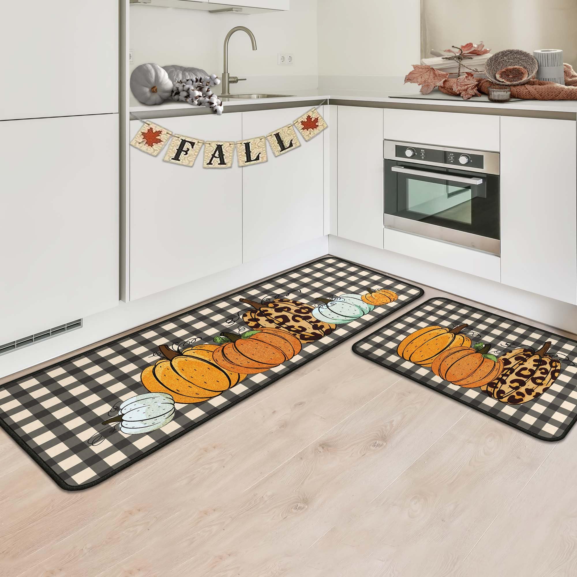 OUXIOAZ Welcome Fall Pumpkin Decorative Kitchen Rugs Set of 2, Autumn Pet Pumpkin Kitchen Mats Decor Dog Lover Gifts, Maple Leav