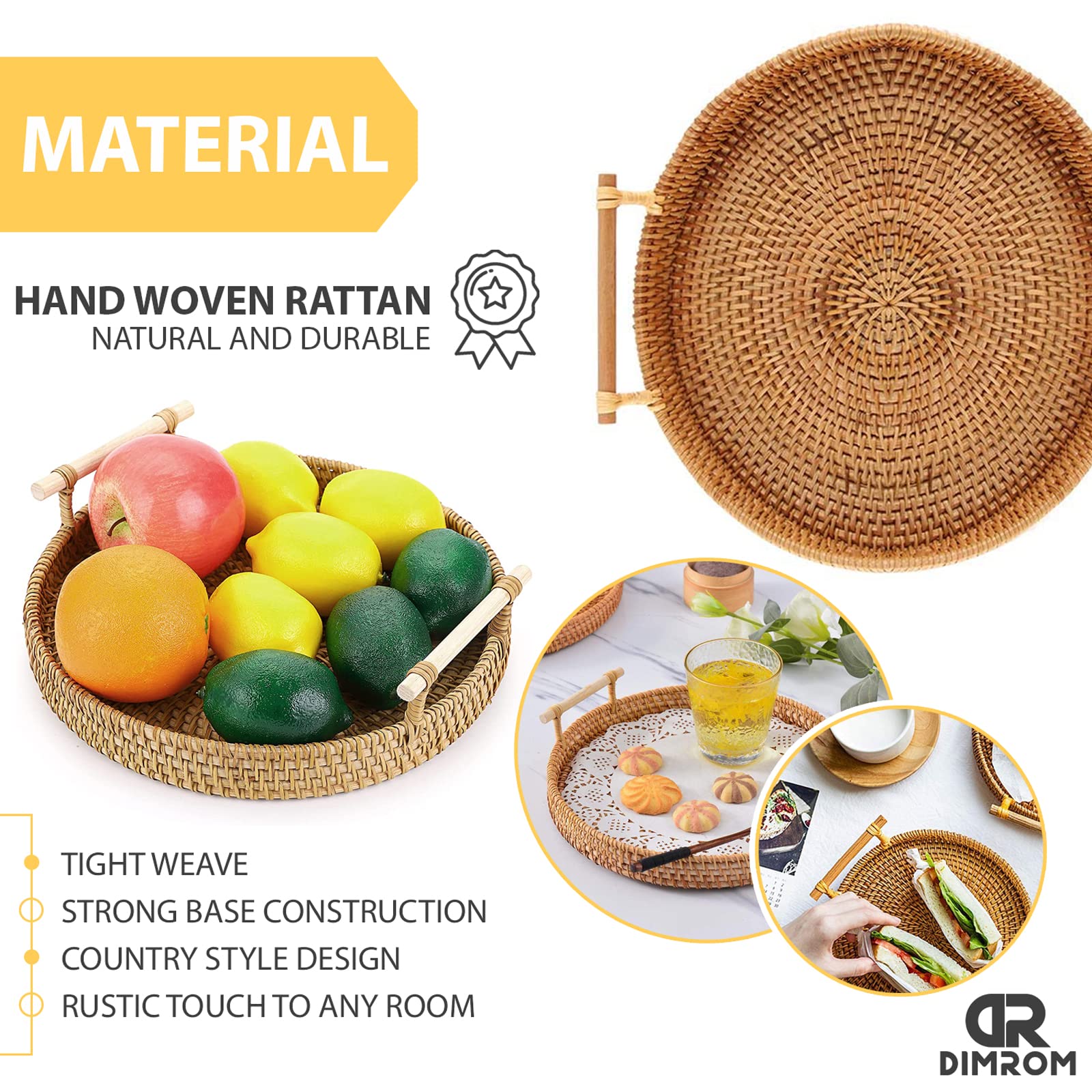 Rattan Tray 8.7-Inch Round Serving Tray Decorative Trays For Coffee Table Decorative Tray | Woven Tray For Bread, Wicker Tray Co