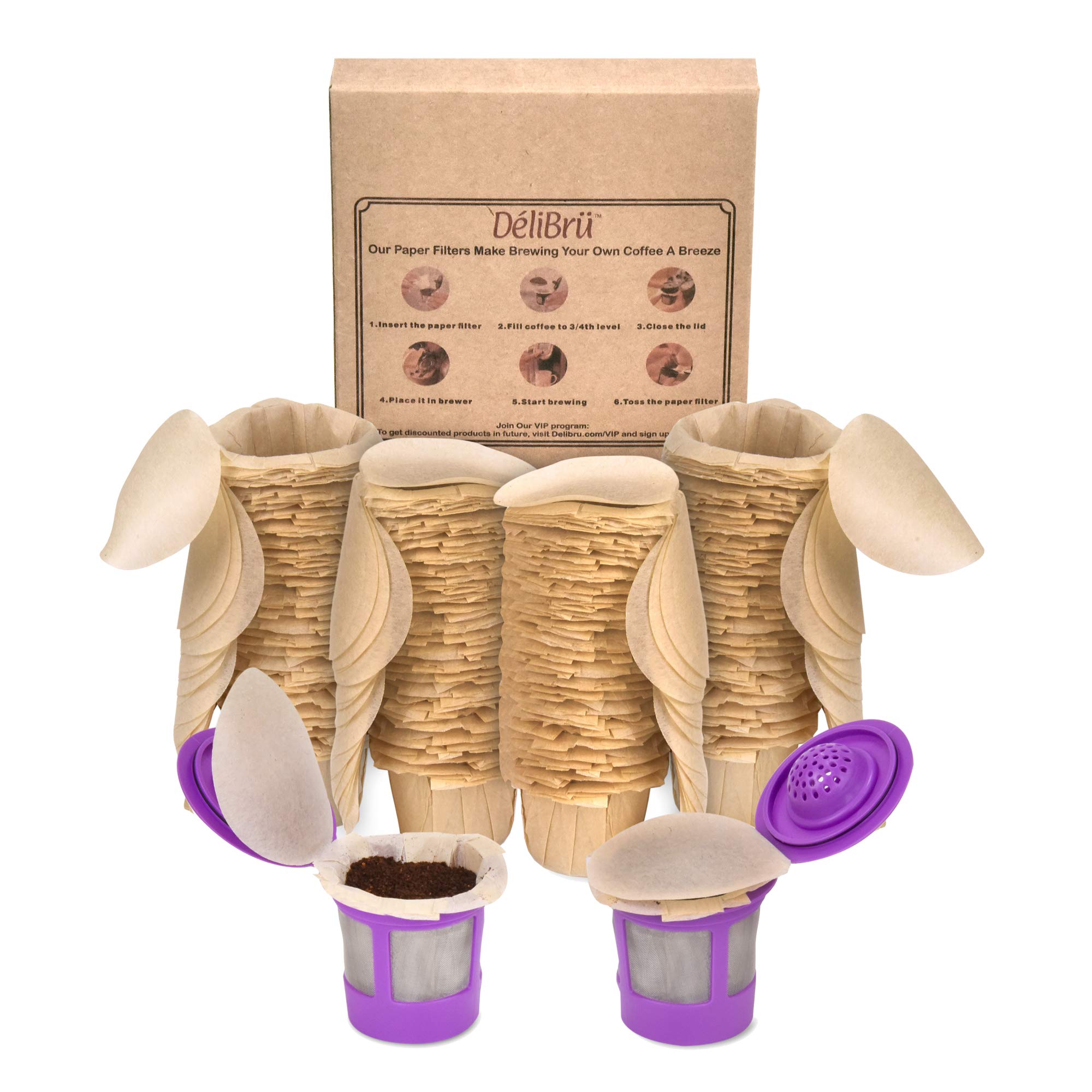 Delibru Unbleached K Cup Filters With Lid for Reusable Coffee Pods - Pack of 300 - Keurig Coffee Filters for K Cup - Natural and
