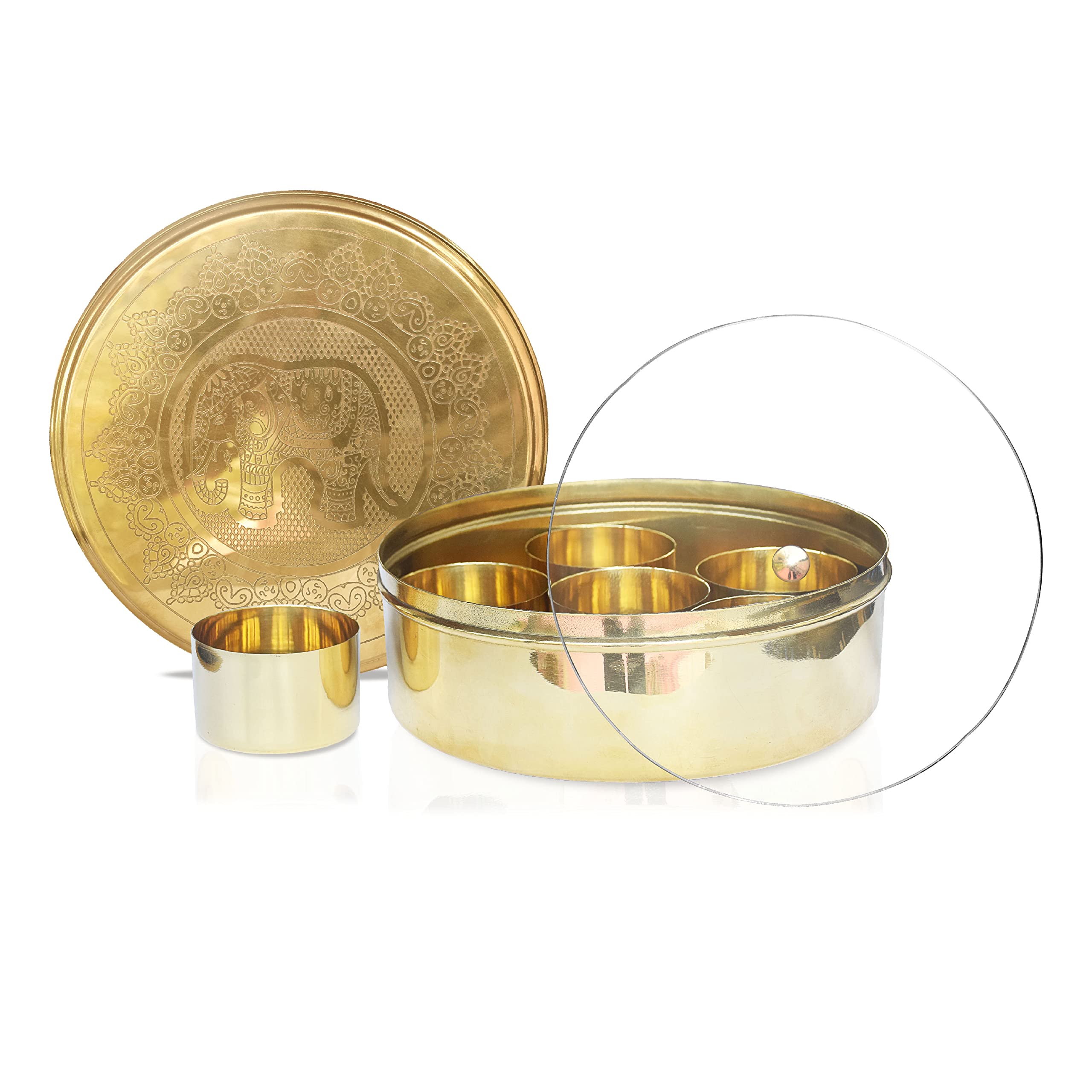 Pure Source India Brass Spice Box,Masala Dabba Set For Kitchen With Spoon (7 Containers,200 Ml Each) With 1 Spoon