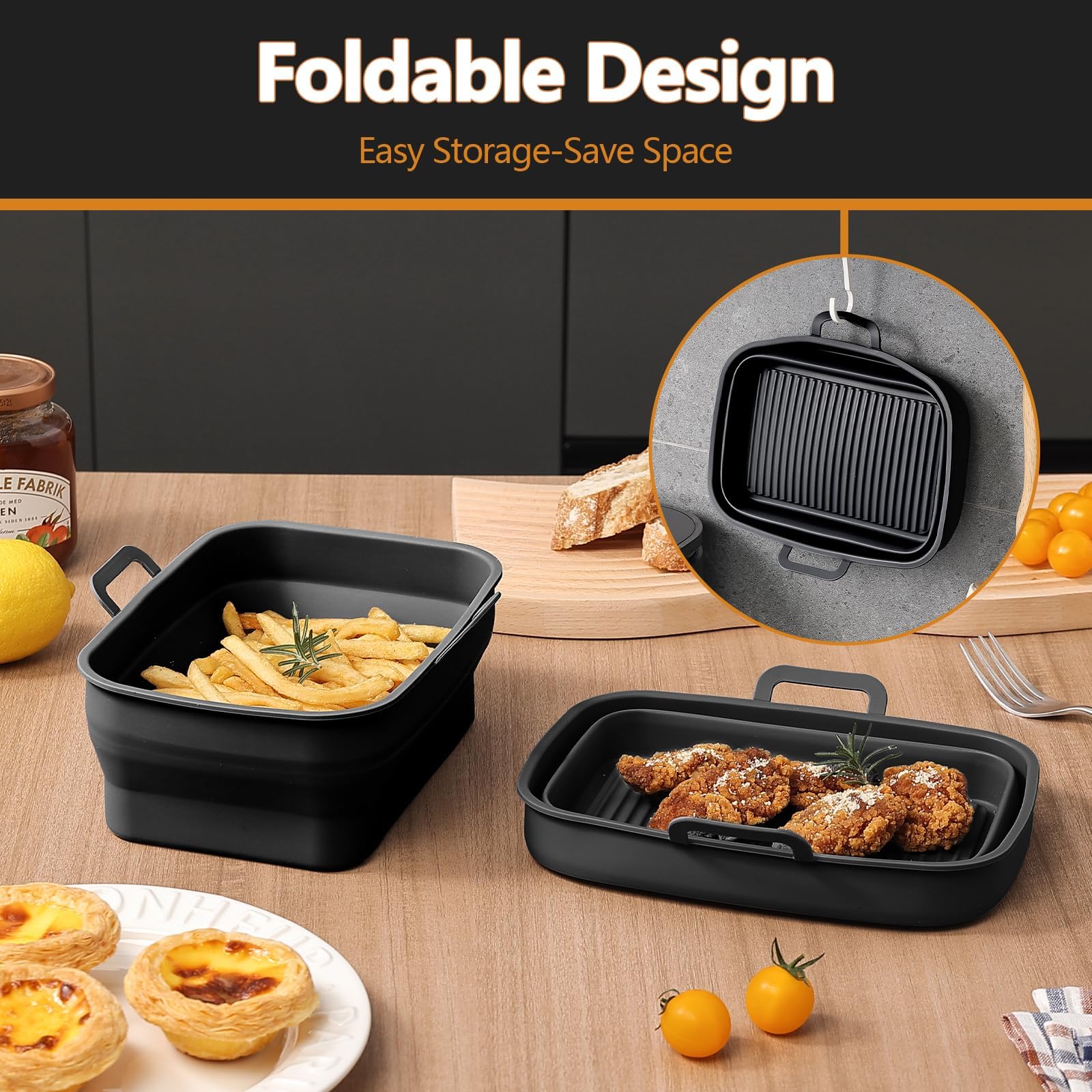Vangerute Collapsible 2-Pack Air Fryer Silicone Liners For 10Qt Ninja Foodi Dual, Rectangular Air Fryer Silicone Pot, Reusable S