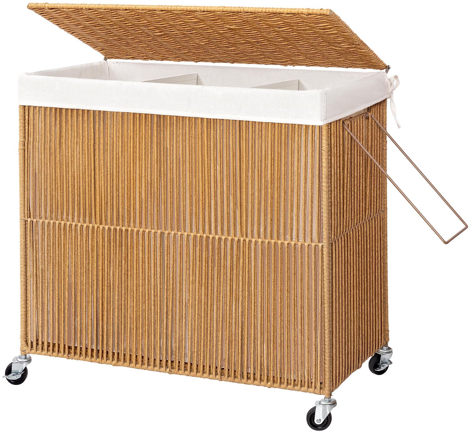 Wowlive Laundry Hamper With Wheels, 160L Handwoven Rolling Laundry Basket 3 Section With Lid, Clothes Hamper With Removable Line