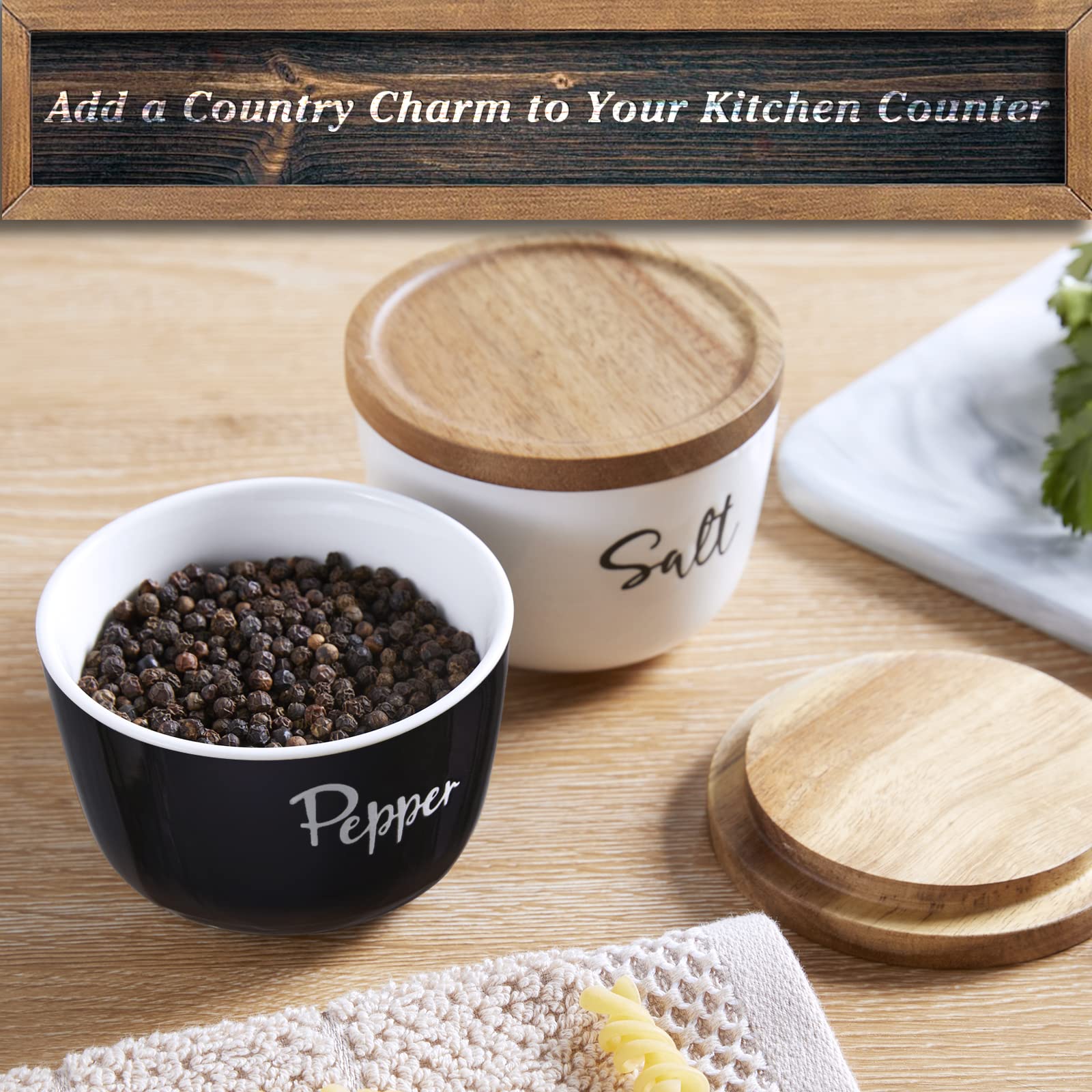 Salt And Pepper Bowls, Dayyet 10 Oz Salt Cellar With Lid, Stacked Ceramic Salt Pepper Container With Acacia Wood Lid, Salt Box F