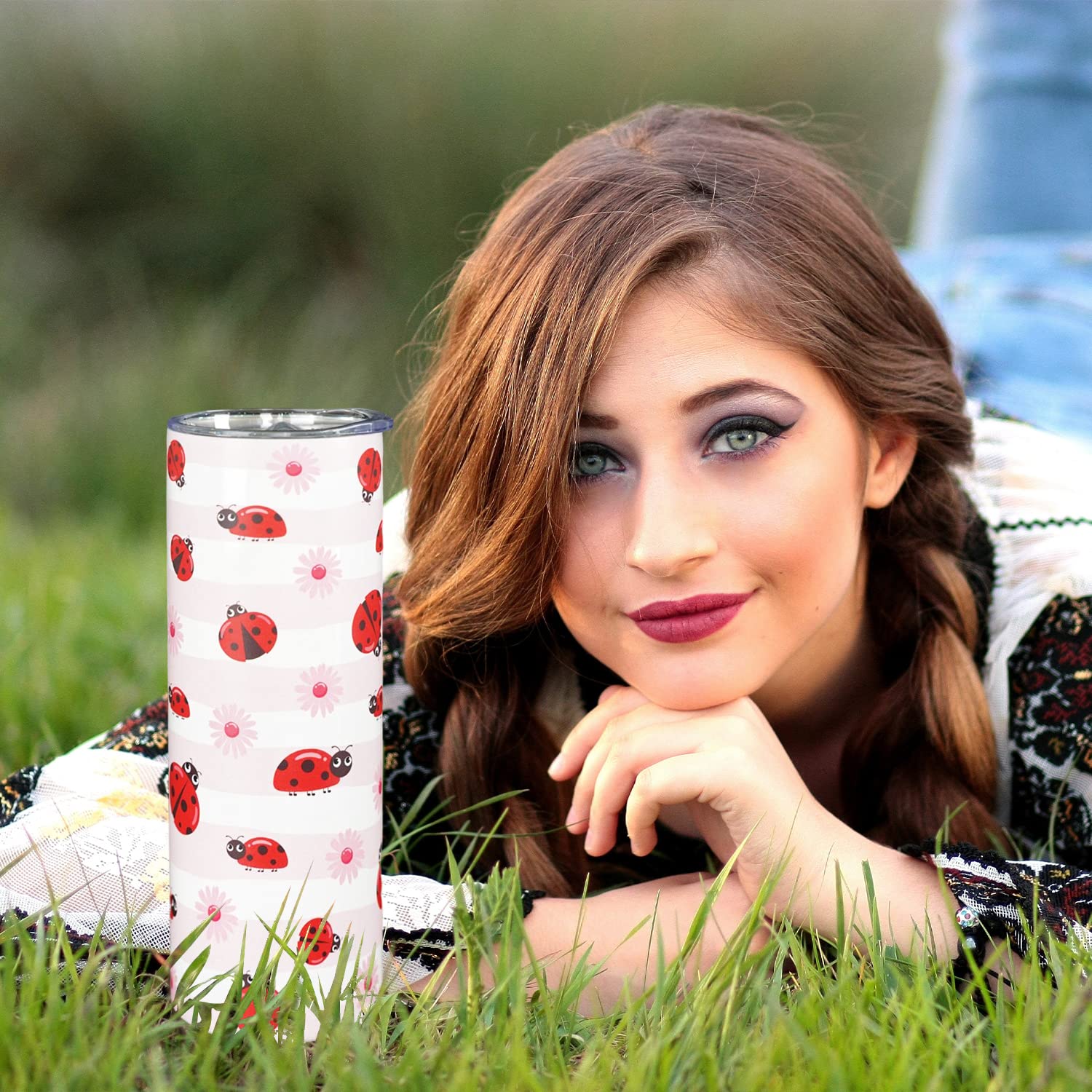 Mofvugz Ladybug Gifts For Women Girls, Cute Ladybugs Daisy Floral Tumbler Cup Coffee Travel Mug, Lady Bug Pink Metal Thermal Ins