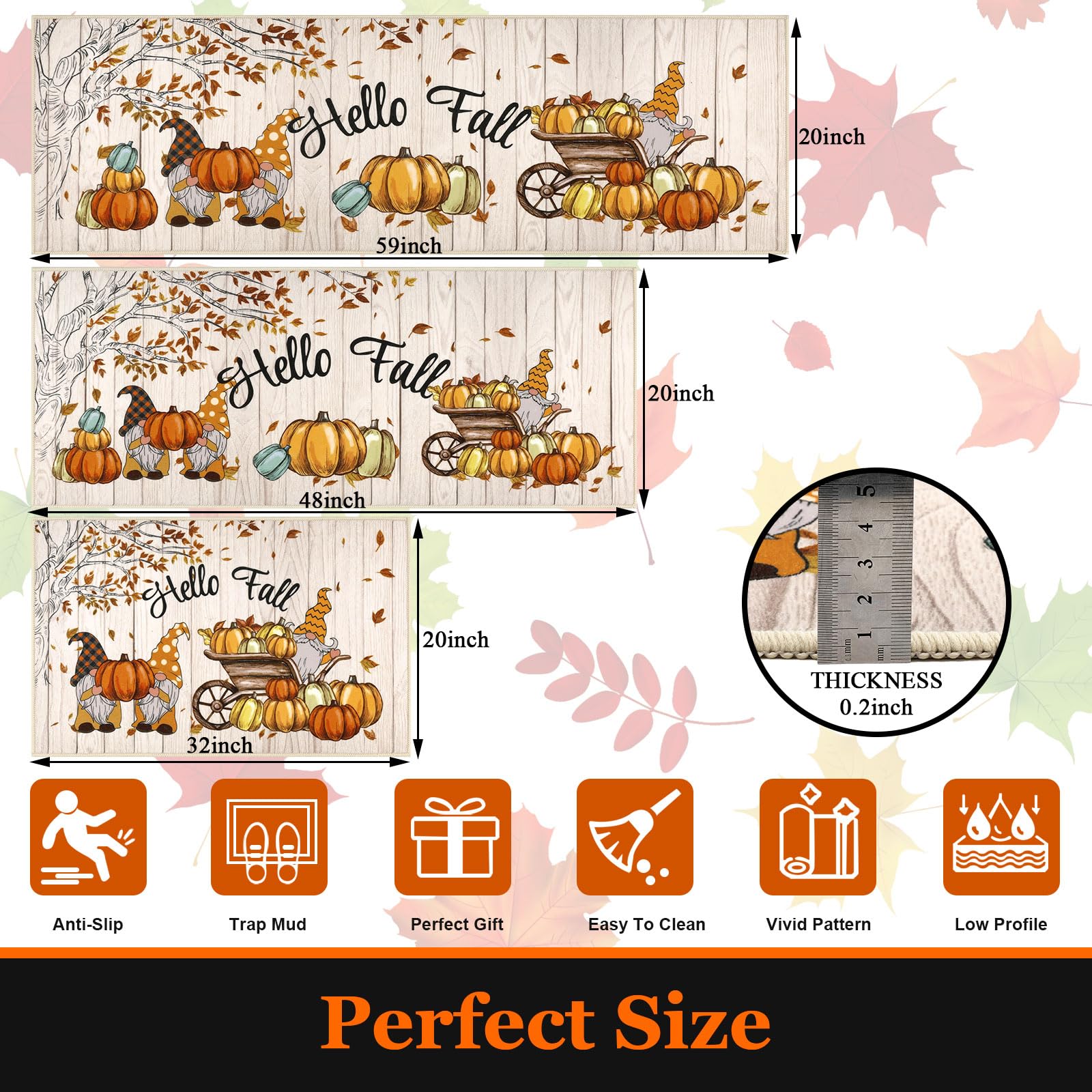 U Artlines Fall Kitchen Rugs with Runner Sets 3 Piece Farmhouse Pumpkin Seasonal Harvest Holiday Party Rugs and Mats Non Skid W