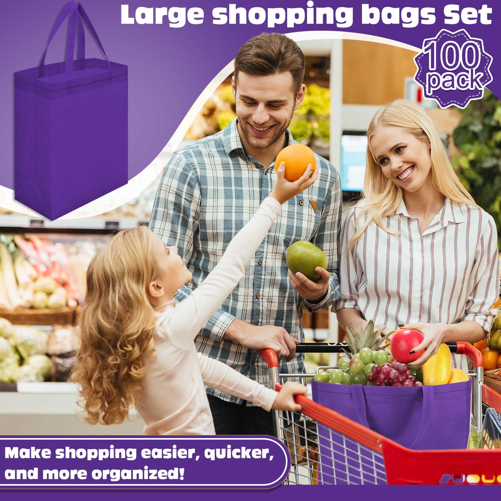 Windyun 50 Pcs Reusable Tote Bag Bulk 8 x 4 x 10 Inch Non Woven Shopping Bag with Handle Christmas Reusable Grocery Gift Tote(Da