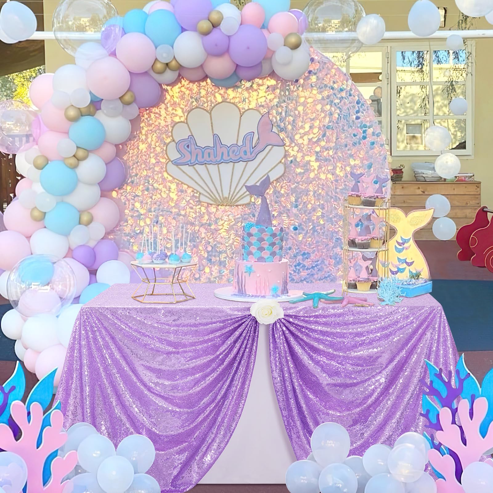 Fanqisi Lavender Sequin Tablecloth 50x102inches Sequin Table Overlay Seamless Shiny Tablecloth for Wedding Baby Shower Dinner Ca
