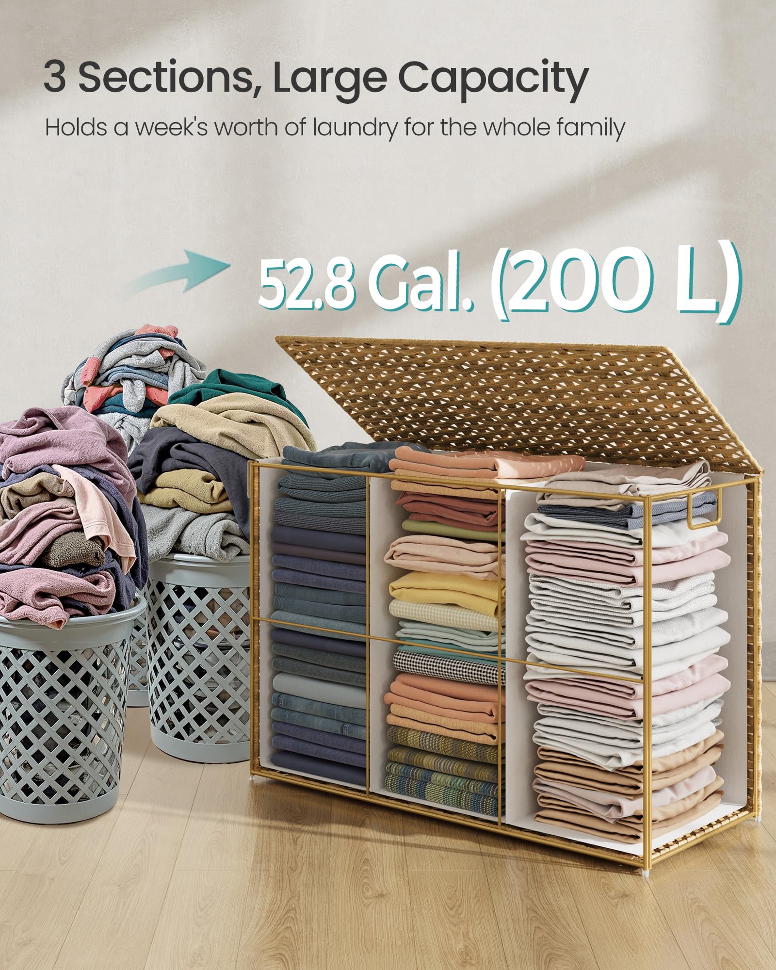 Songmics Laundry Hamper With Lid, 52.8 Gallon (200 L) Synthetic Rattan Clothes Laundry Basket With Lid And Handles, Foldable, Re