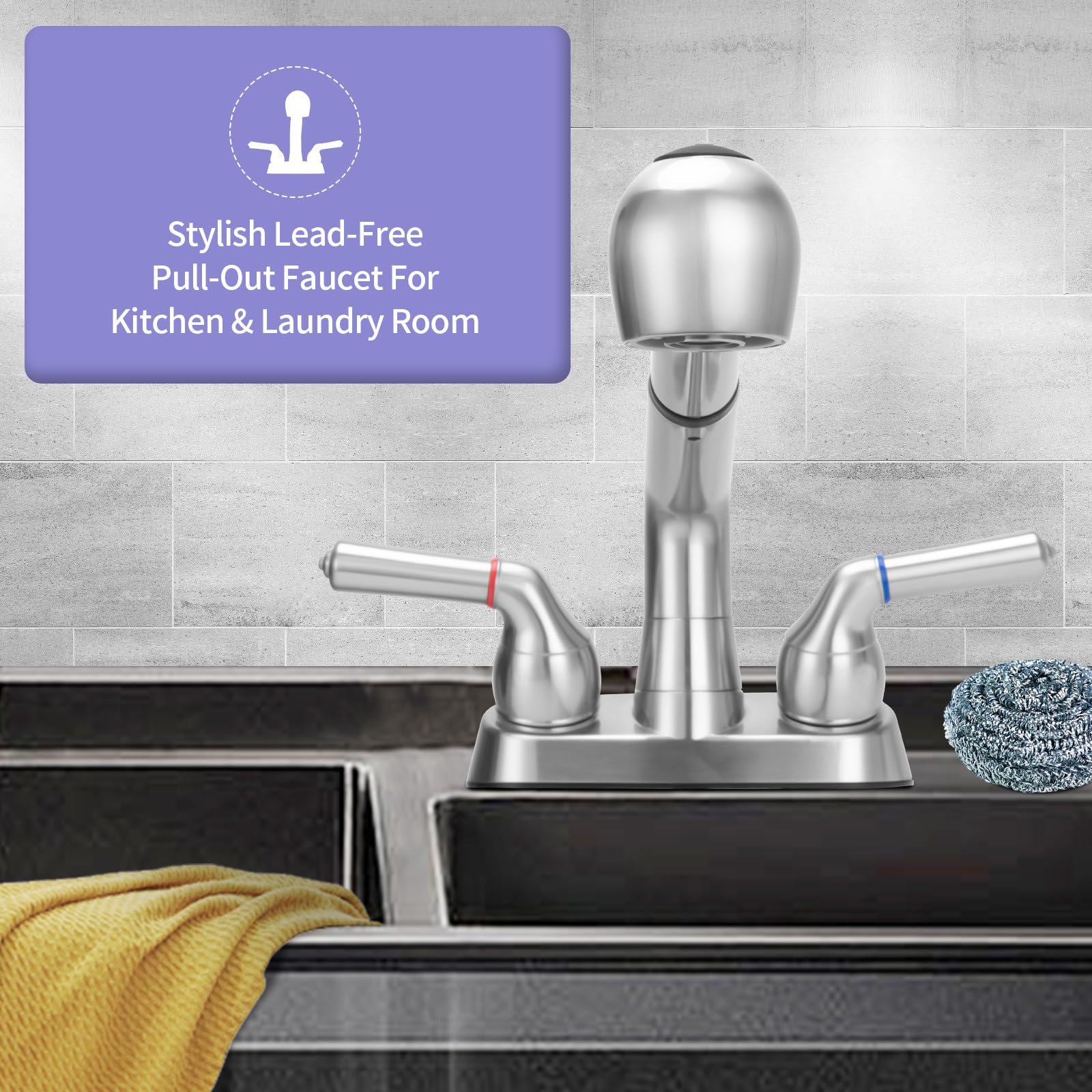 Utility Sink Faucet,Universal Laundry Tub Abs Plastic Faucet With Sprayer,Dual Handle Pull Out Faucet, Chrome Finish Laundry & U