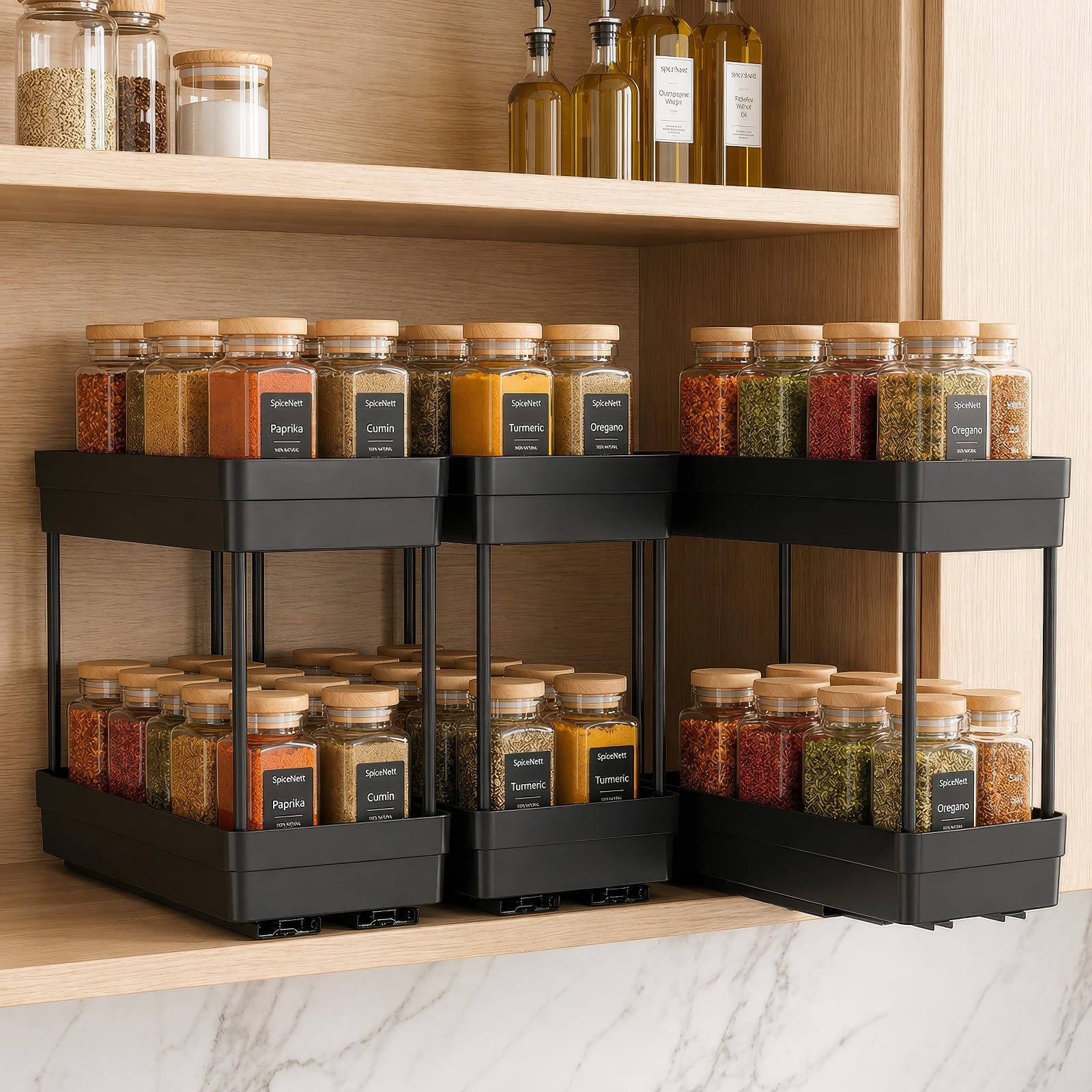 SpiceNest Pull Out Spice Rack, 3 Pack 2Tier Cabinet Organizer, Black