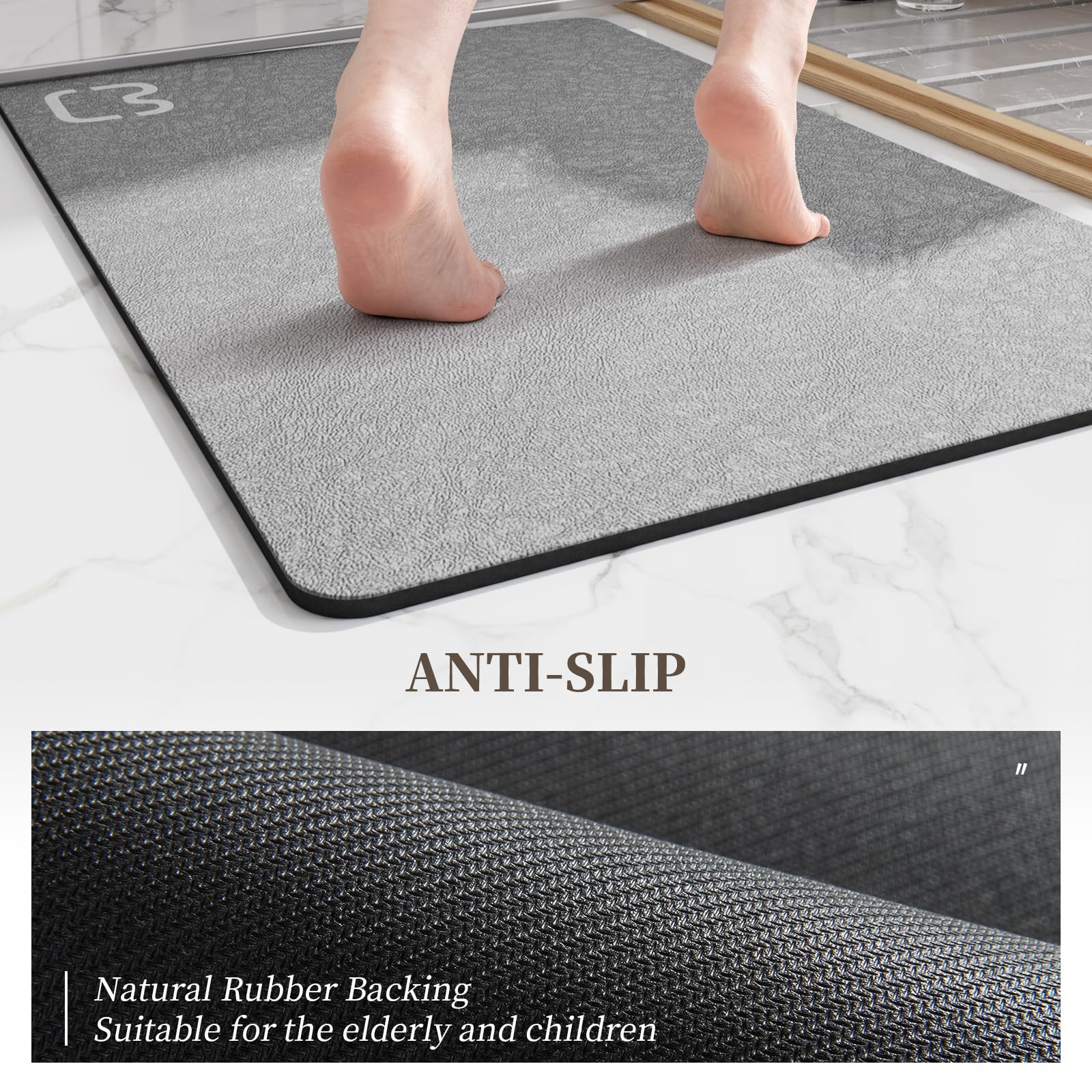 Grey Bath Mat 17'' X 59'' Extra Long Bathroom Mat Large Fast Dry Super Absorbent Non-Slip Rubber Backed Shower Mat Bathroom Rugs