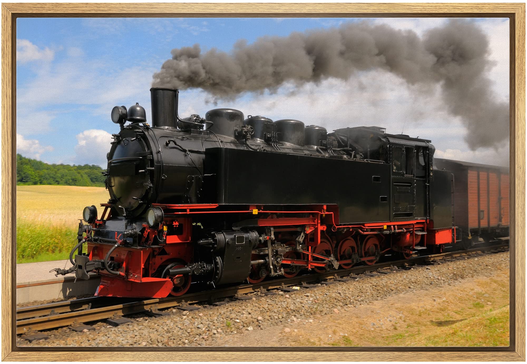 Steam Train With Black Smoke Running On Island Rugen Northern Germany - Framed Canvas Art Wall Art - 16''X24'' Natural