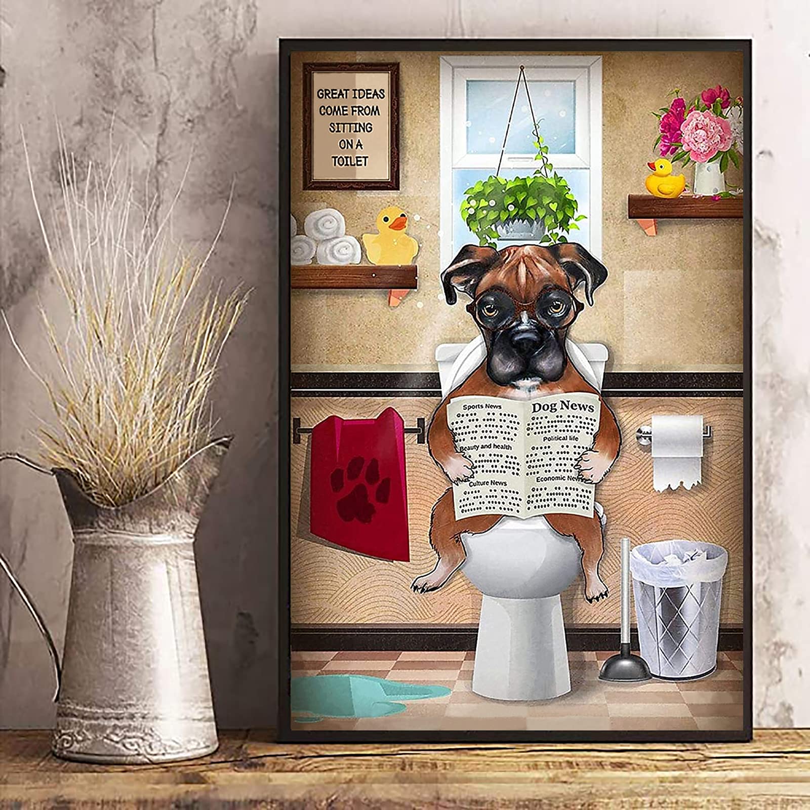 Yuwondess Boxer Dog Canvas Wall Art Lover Gift Cute Pet Vertical Poster Modern Home Decor Funny Flower Paw Reading News Painting