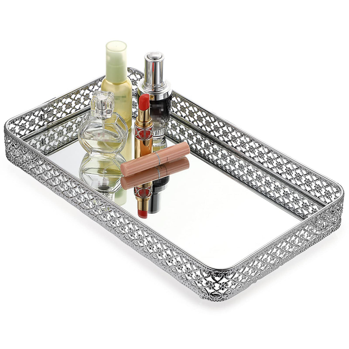Elldoo Perfume Tray Mirror Tray Silver Vanity Makeup Hollow-Carved Jewelry Tray Glass Metal Trinket Storage Tray Home Decor Orga