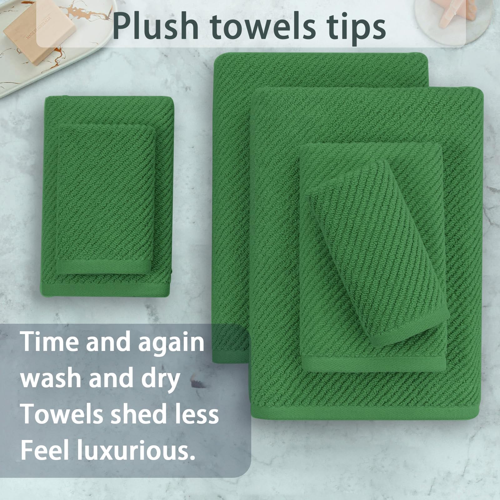 Green Towels, 6 Piece Towels Set - Cotton | Quick Dry | Thick | Lightweight | Soft, 2 Large Bath Towels 30''X56'', 2 Hand Towels