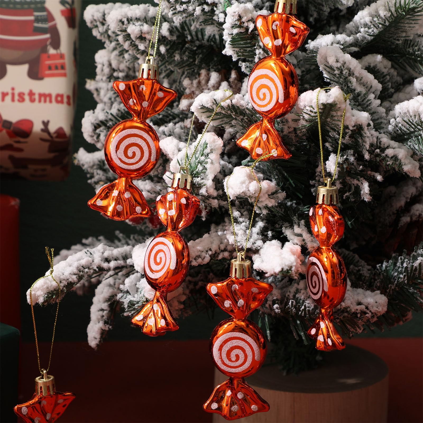 Threan 12 Pcs Christmas Candy Ornaments Hanging Glitter Candy Cane Decoration Xmas Tree Peppermint Ornament with Golden Rope for