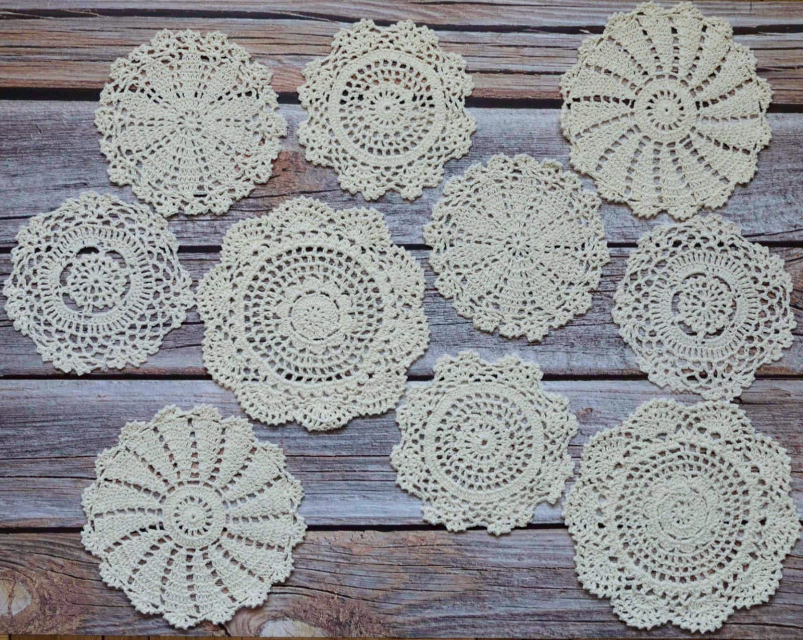 Southmage 10 Hand Crochet Round Lace Doilies Lot French Country Table Coasters