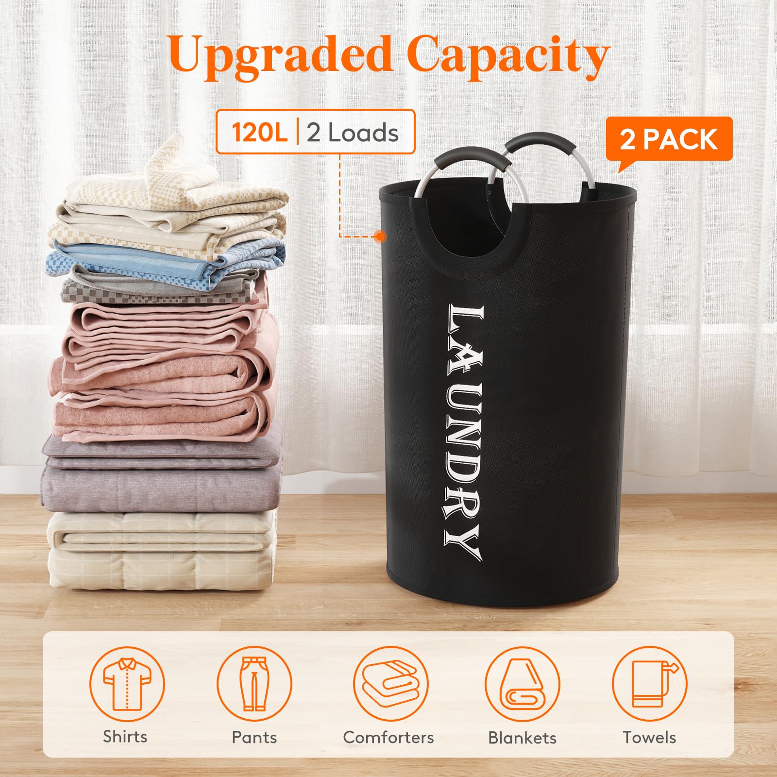 Lifewit 120L 2-Pack Large Laundry Basket, Collapsible Laundry Hamper With Aluminum Handles, Waterproof Freestanding Dirty Clothe