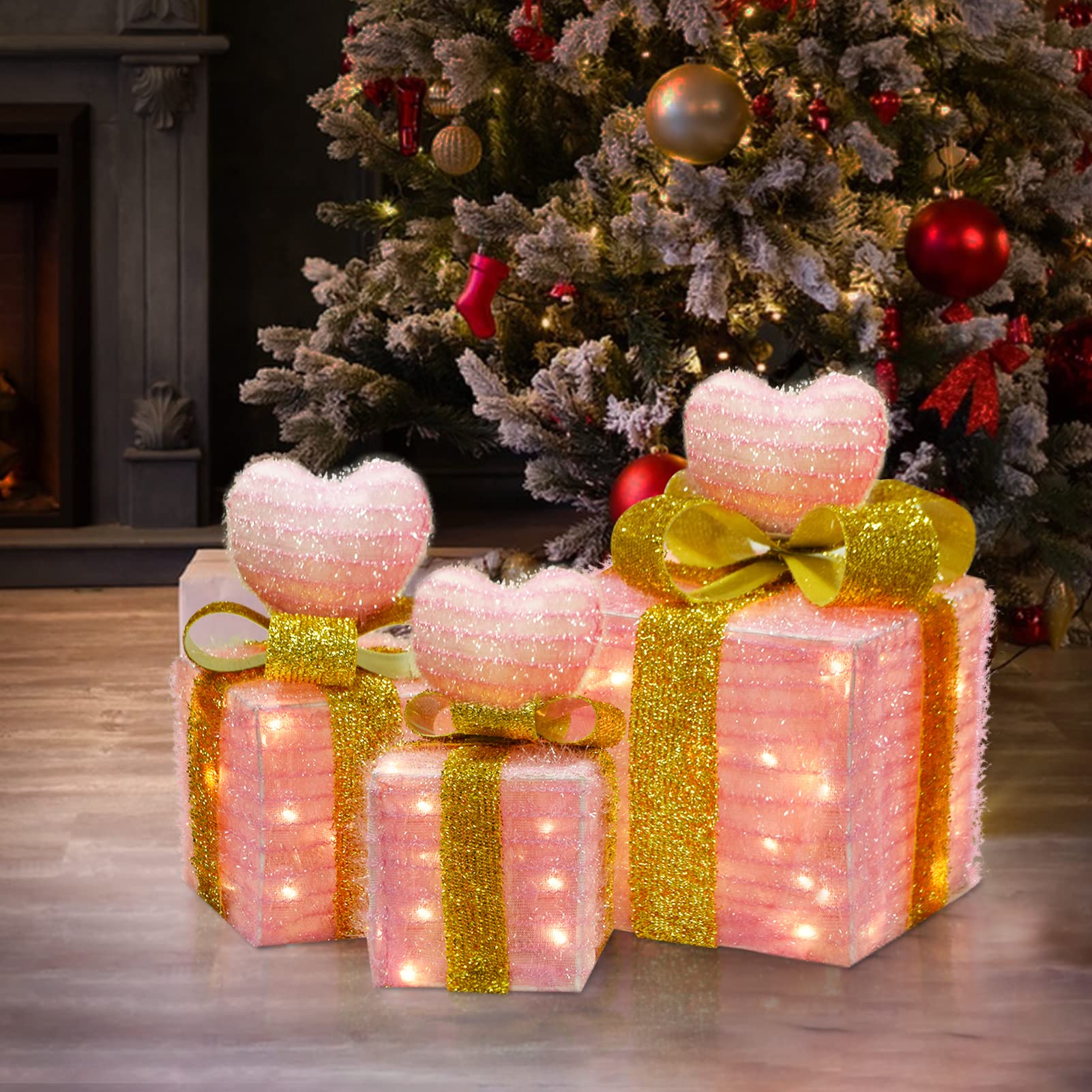 Christmas Light up Gift Boxes, Light up Xmas Boxes with Battery Operated for Christmas Decorations Indoor and Outdoor (3 Pack)
