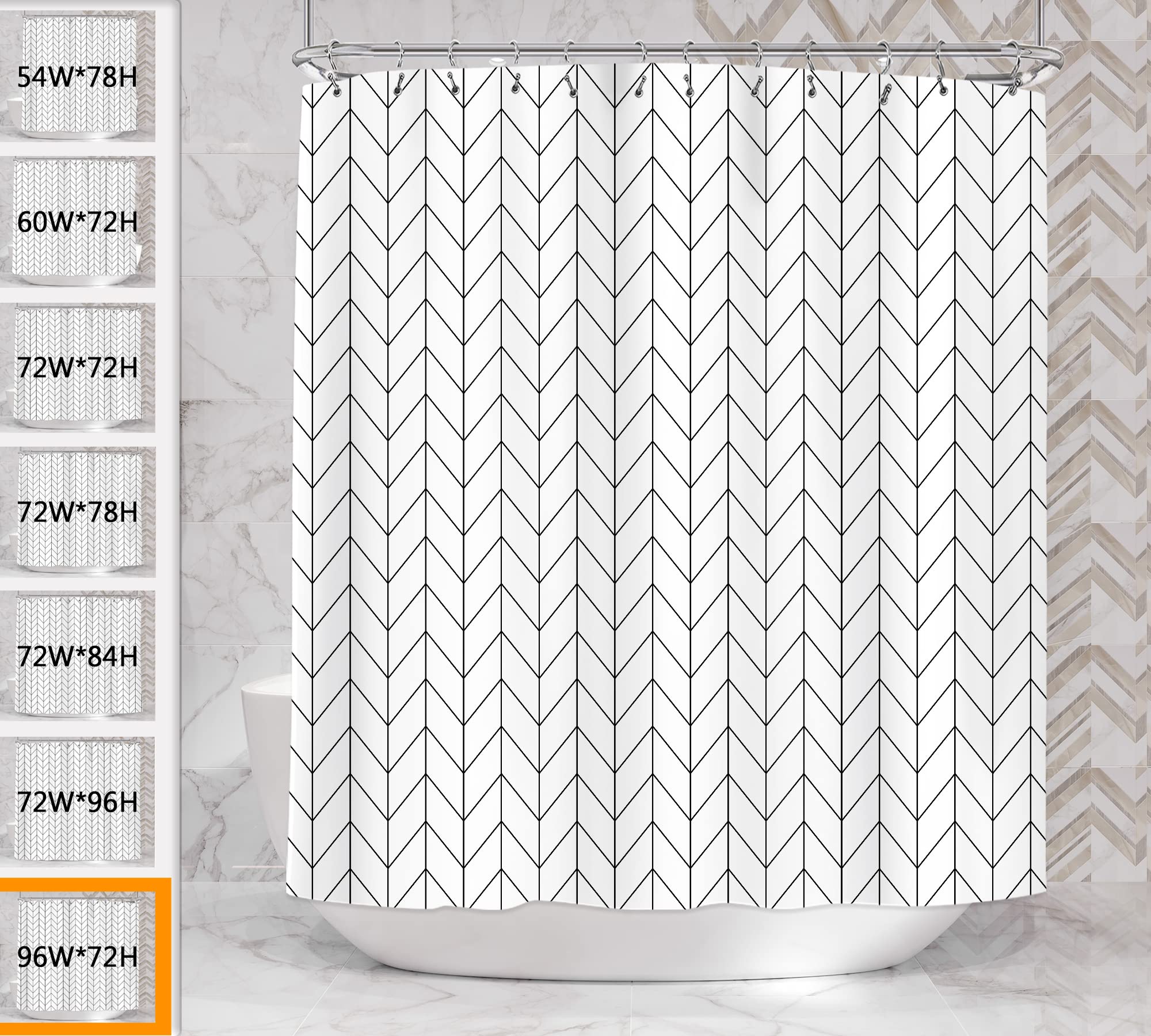 Riyidecor Extra Wide 96Wx72H Inch Shower Curtain White 96 Width Long for Bathroom Geometric Herringbone Chevron Striped Simple Modern Classy Contemporary 16 Metal Hooks Polyester Fabric Set Waterproof