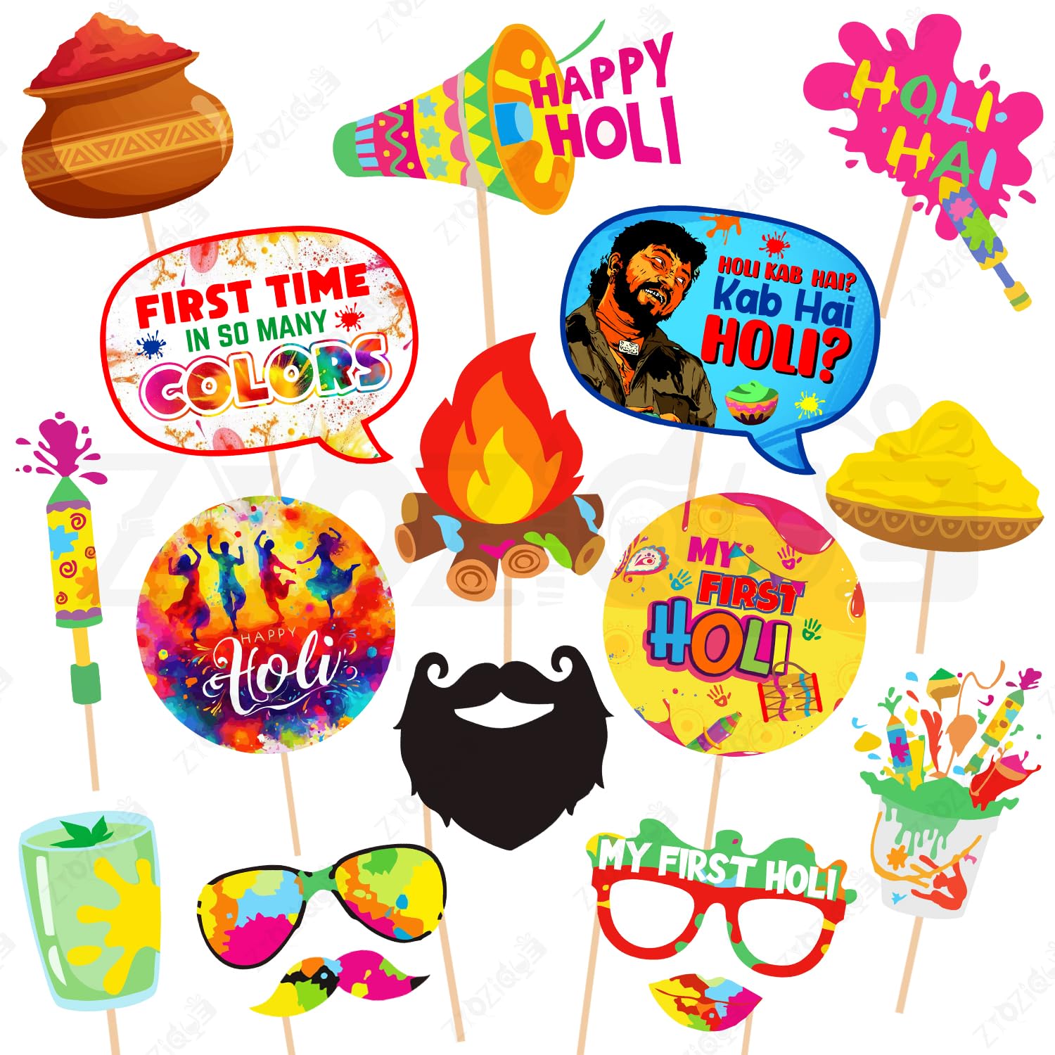 Zyozique Holi Decorations Combo | Holi Photo Booth Props | My First Holi Photo Booth Props  Happy Spring Indian Colors Festival