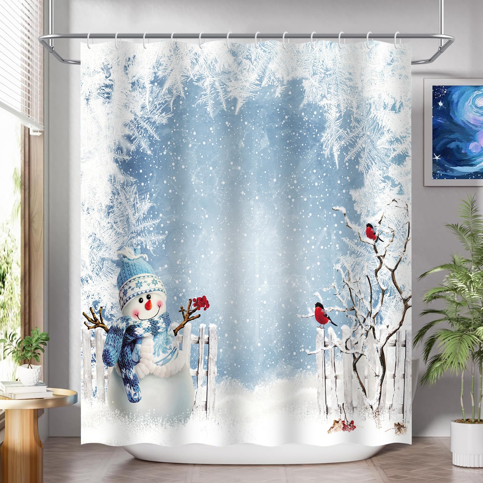 Onalasyc 4-Piece Christmas Shower Curtain Set, Winter Christmas Tree Cute Blue Snowman Holiday Merry Bathroom Set with Shower Cu