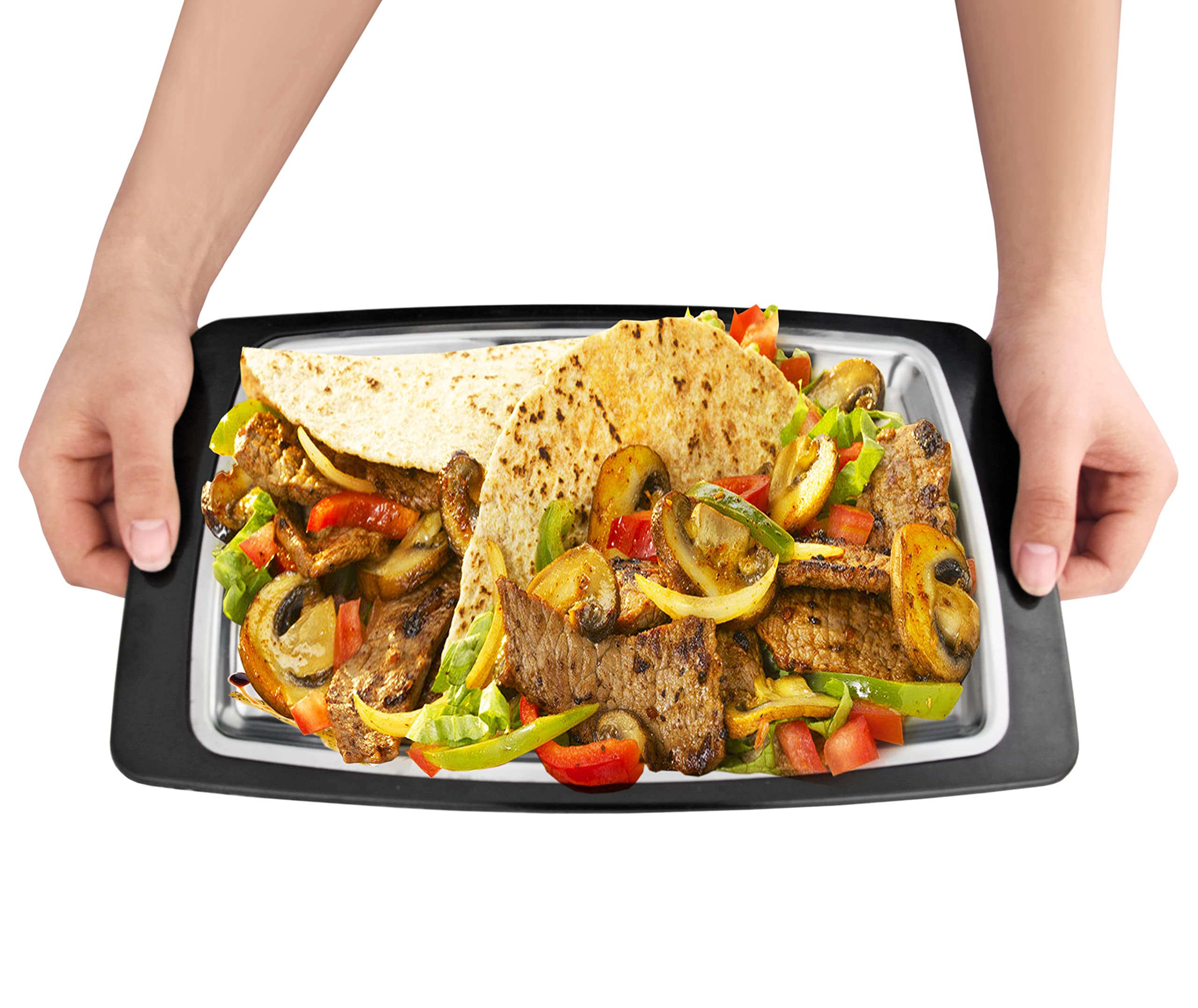 New Star Foodservice 26672 Rectangular Stainless Steel Sizzling Platter With Insulated Holder, 11'' X 7.25'', Black