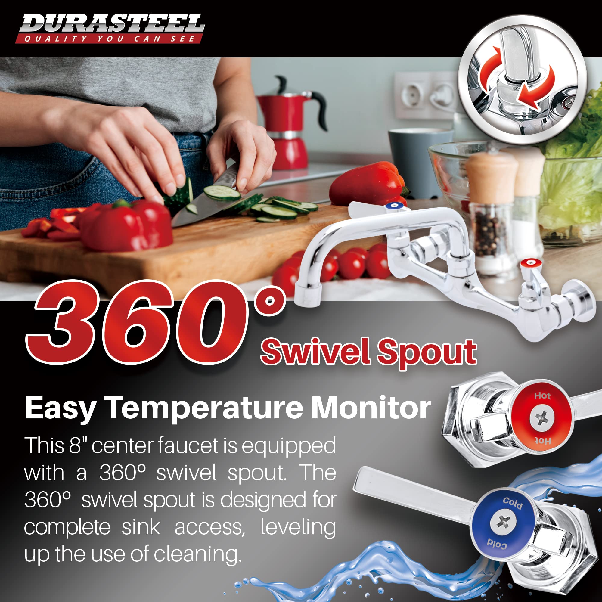 Kitchen Sink Faucet Wall Mount - Durasteel 8'' Center Commercial Kitchen Sink Faucet With 6'' Swivel Spout - Dual Lever Handles