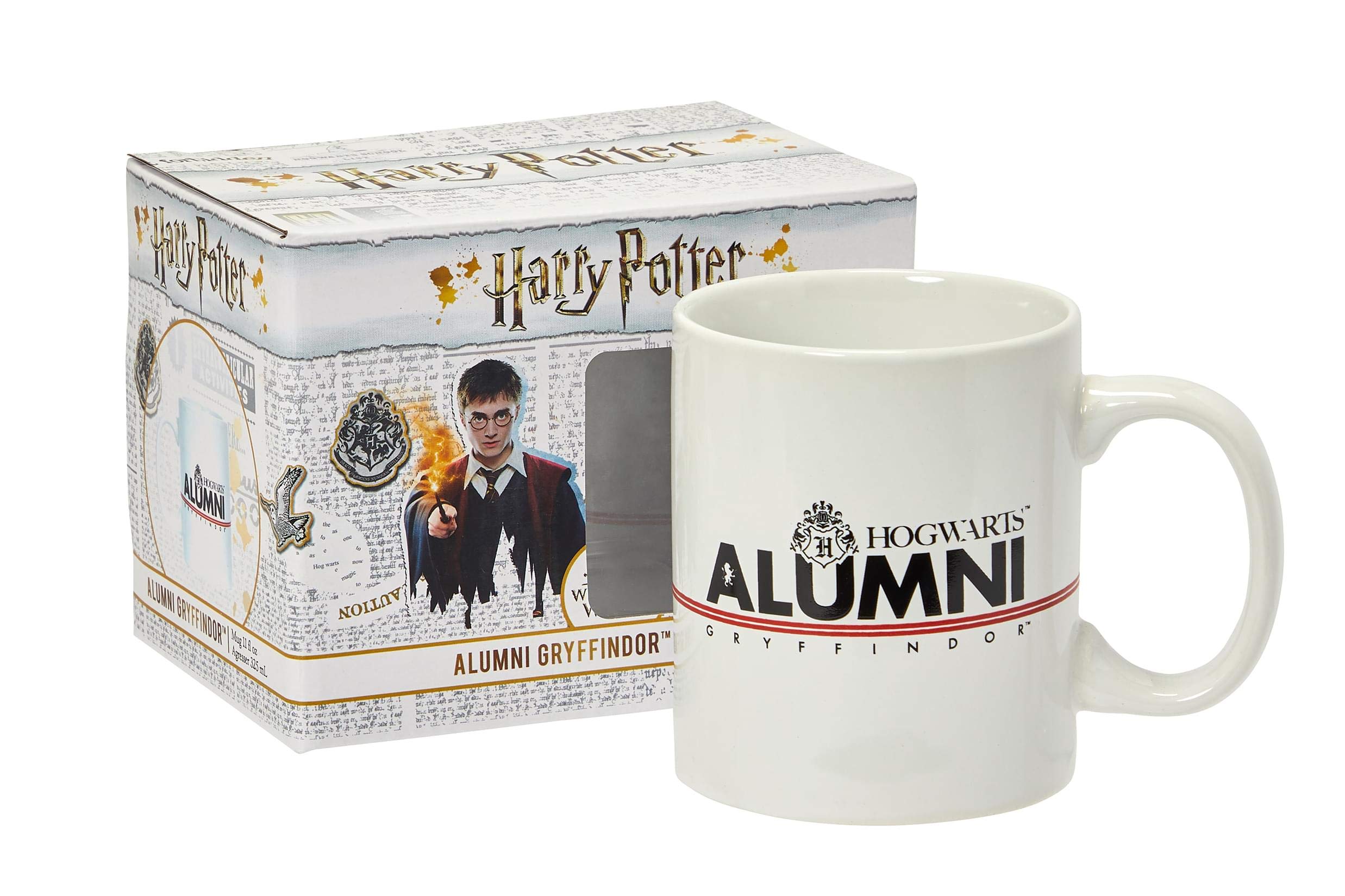 Harry Potter Gryffindor Alumni 11-Oz Mug - White Ceramic Cup With Handle - Hogwarts Crest & House Red Stripe With Black Letterin