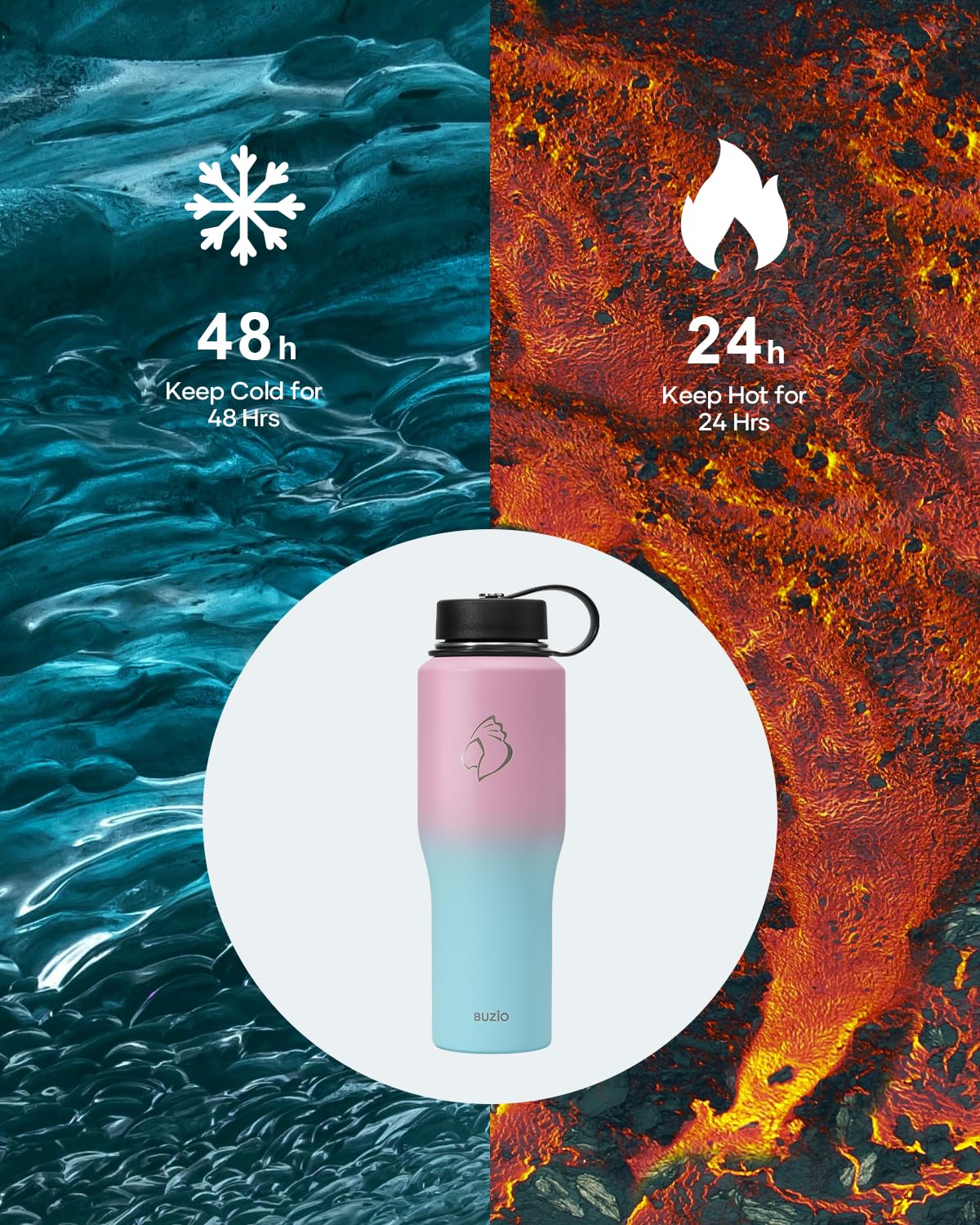 Buzio Stainless Steel Water Bottle Vacuum Insulated (Cold For 48 Hrs, Hot For 24 Hrs),32Oz Tumbler Travel Flask With Straw Lid A