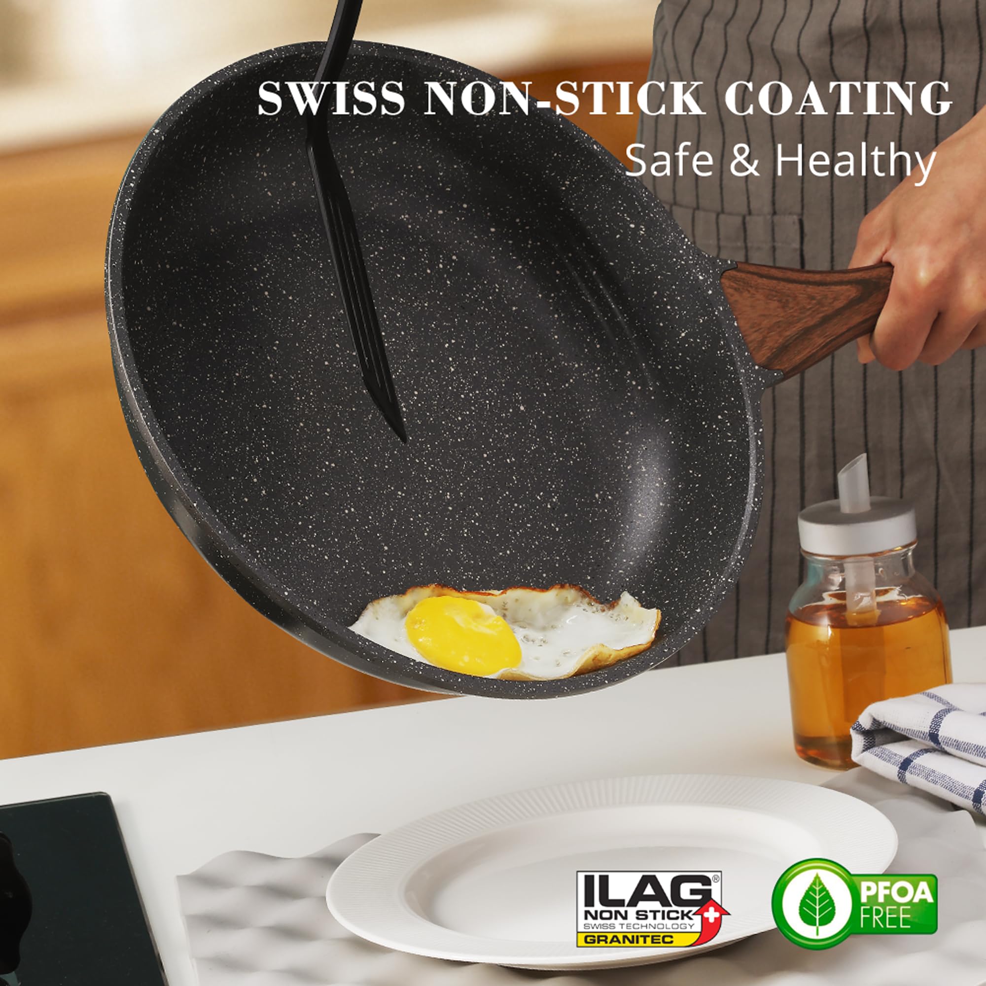 Sensarte Nonstick Frying Pan Skillets, Swiss Granite Coating Omelette Pans, Healthy Cookware Chef'S Pan, Pfoa Free (8+12.5 Inch)