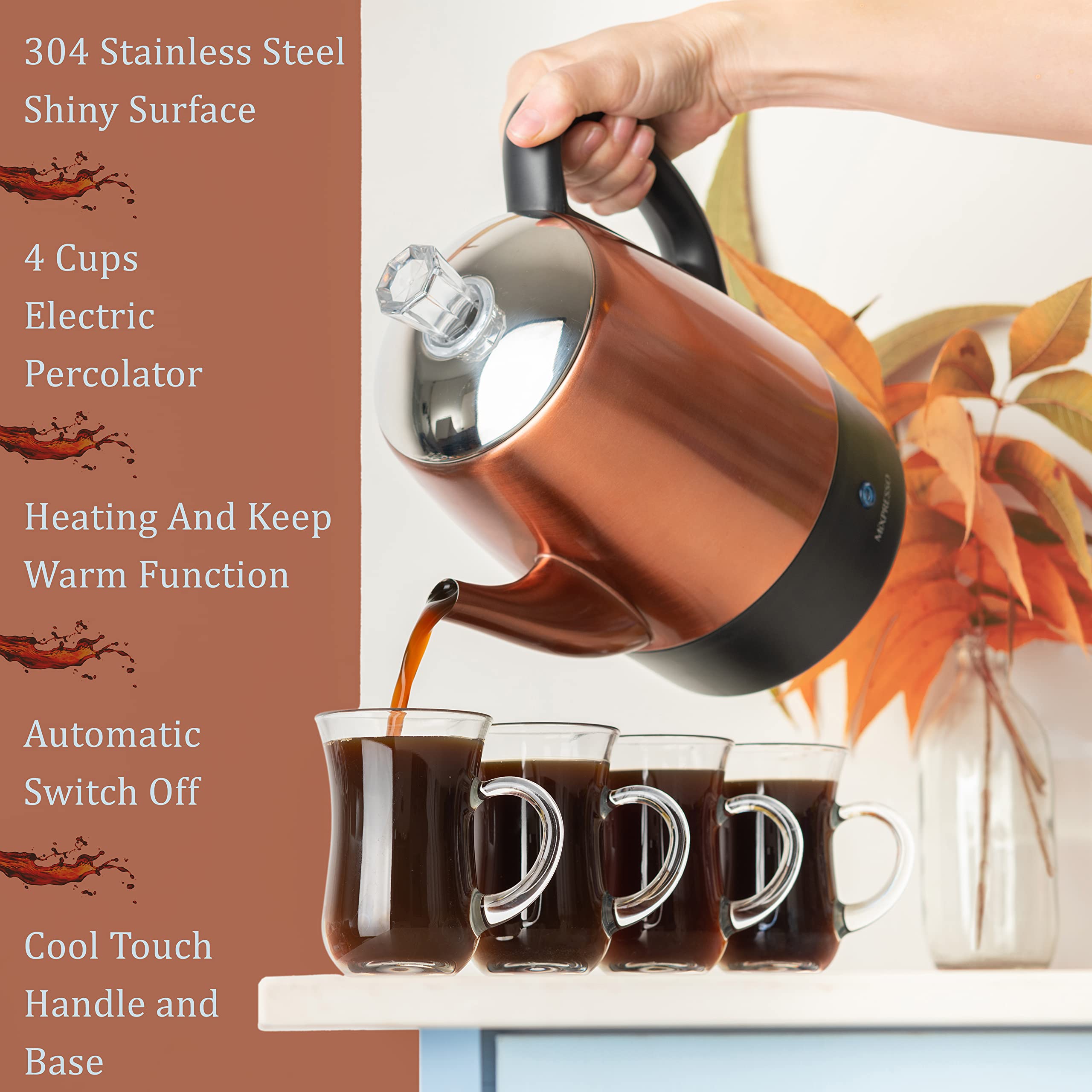 Mixpresso Electric Coffee Percolator Copper Body With Stainless Steel Lids Coffee Maker, Percolator Electric Pot - 4 Cups, Coppe