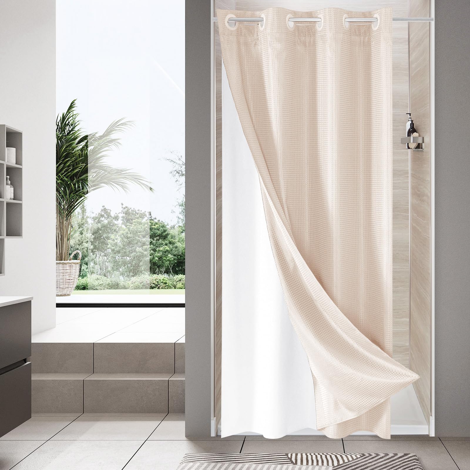 Mitovilla Pink Waffle Small Stall Shower Curtain 36 X 74, No Hooks Required Half Size Narrow Fabric Cloth Shower Curtain Set Wit