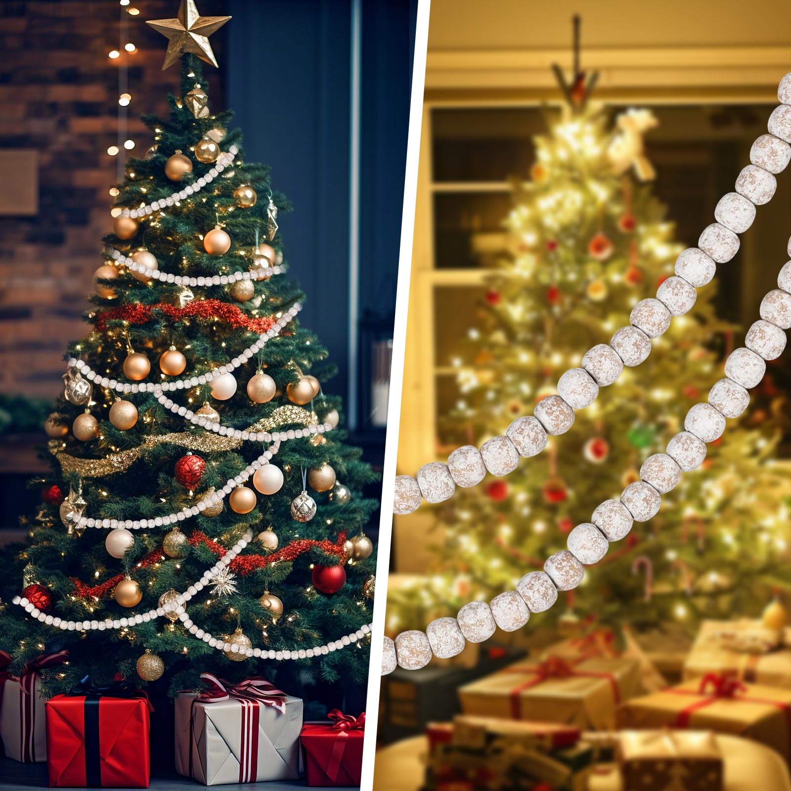 9 Feet Boho Wooden Christmas Bead Garland with Frost Wooden Beads - Decorative for Holiday Tree & Party Supplies