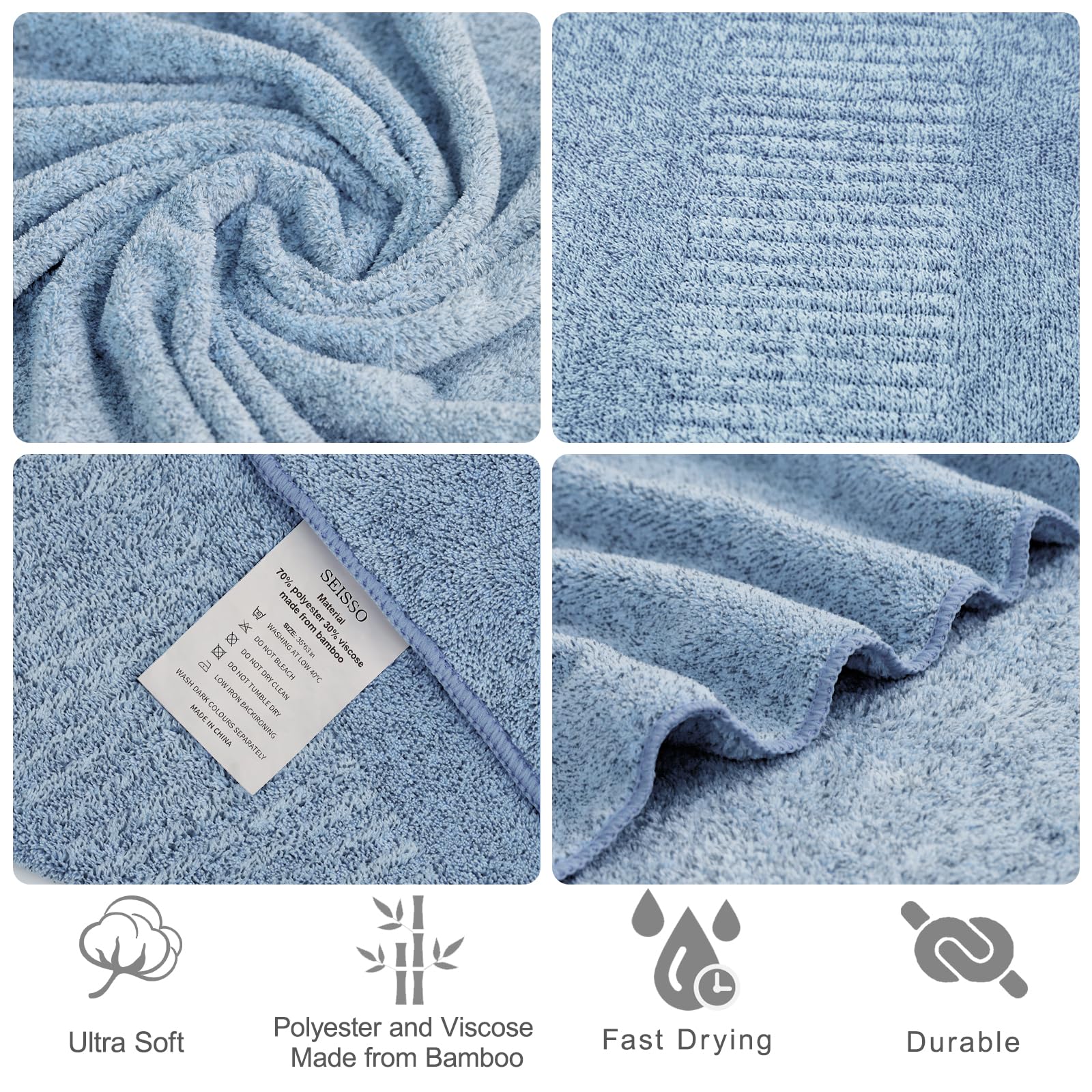 SEISSO Bath Towels  Large Bathroom Towel 35 x 63 Inches  Bamboo Viscose Ultra Absorbent Soft Towels  Jumbo Bath Sheets Towels for Adults  Multipurpose Use for Beach  Pool  Gym  Light Blue(2 Pack)