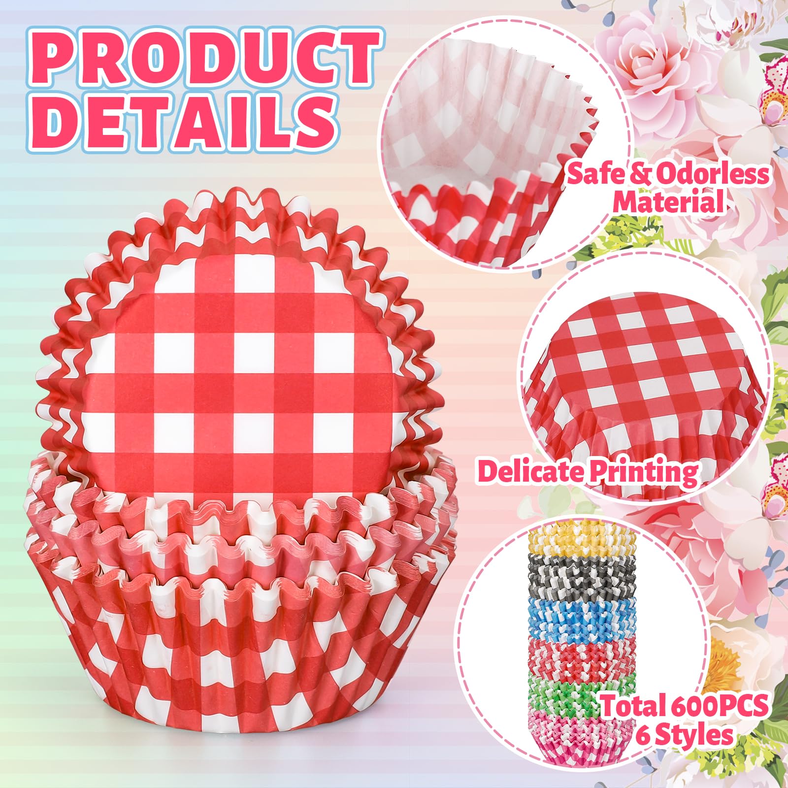 Whaline 600Pcs Buffalo Plaid Cupcake Liners Colorful Gingham Cupcake Wrappers Checkered Baking Cups Muffin Baking Liners For Bab