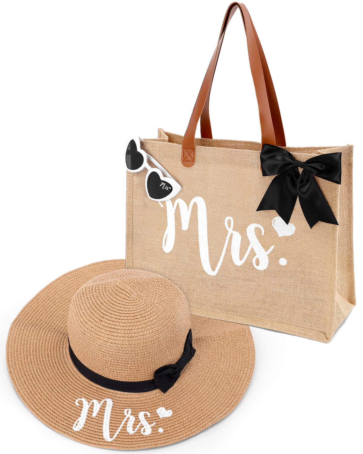 Percozzi Mrs. Tote Bag Sun Hat Glasses Set Bride-To-Be 2023 Bridal Shower Gift With Cute Heart Basket For Bride Wifey Honeymoon